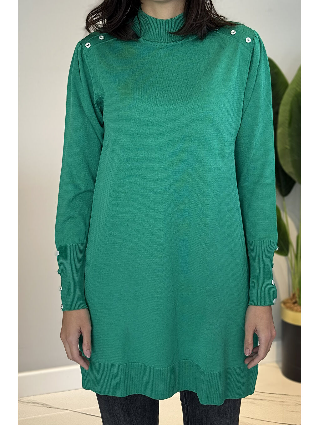 Düğme Detaylı Triko Tunik 34048 Yeşil-3