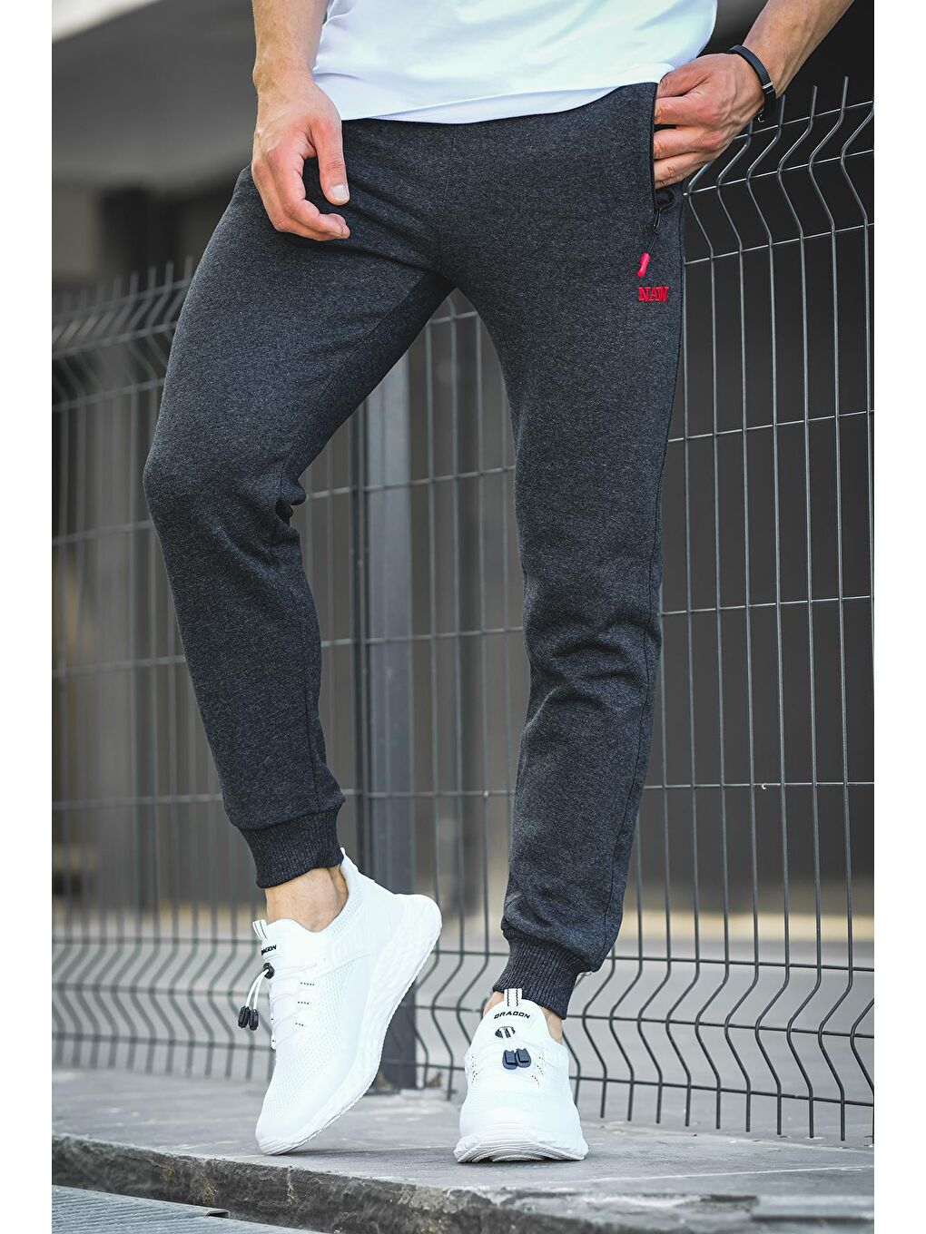 Gri Sorel Paçası Lastikli Şardonlu Kalın Kumaş Slim Fit Erkek Jogger Eşofman Altı-2