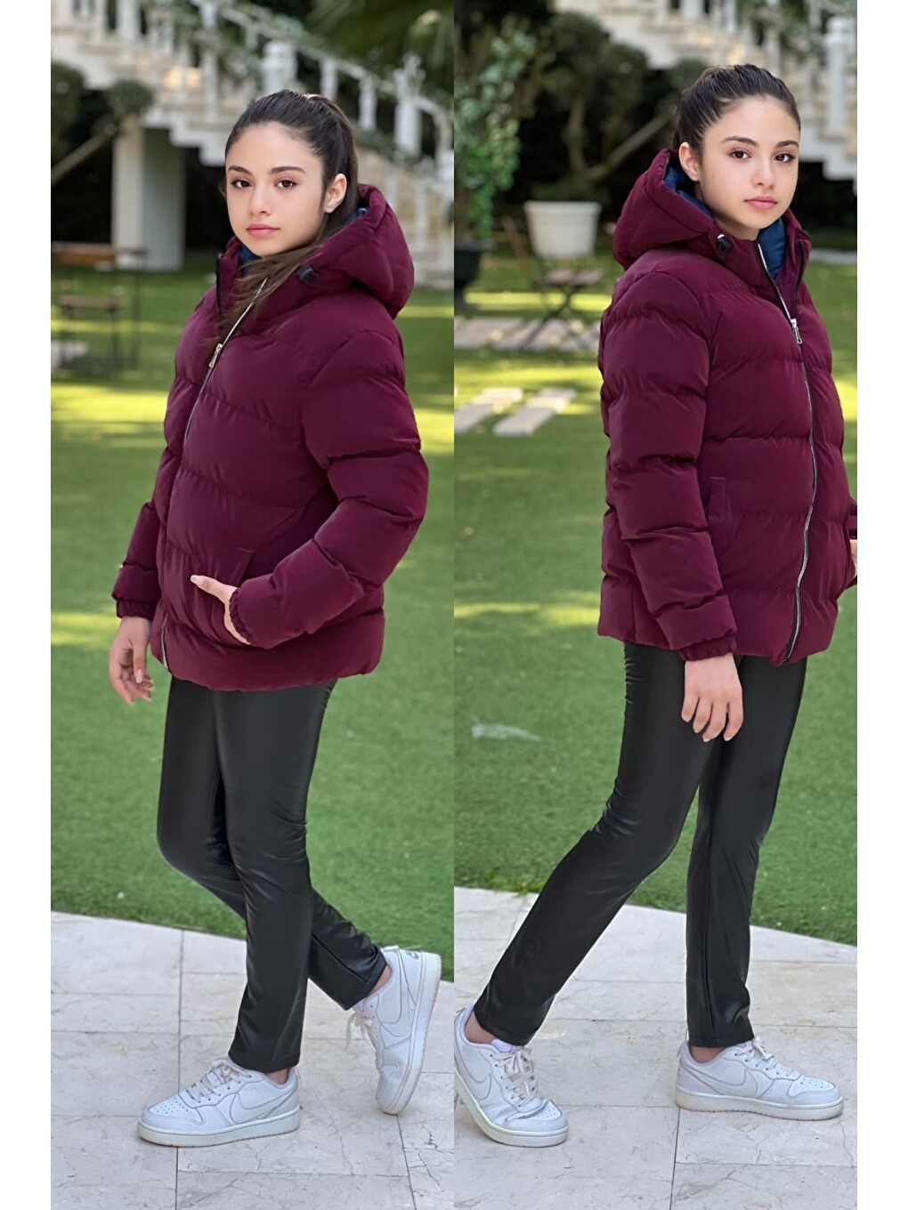 Bordo Kız Çocuk Kapüşonlu Cepli Su Geçirmez Nova Kumaş Kışlık Mont Km4011-5