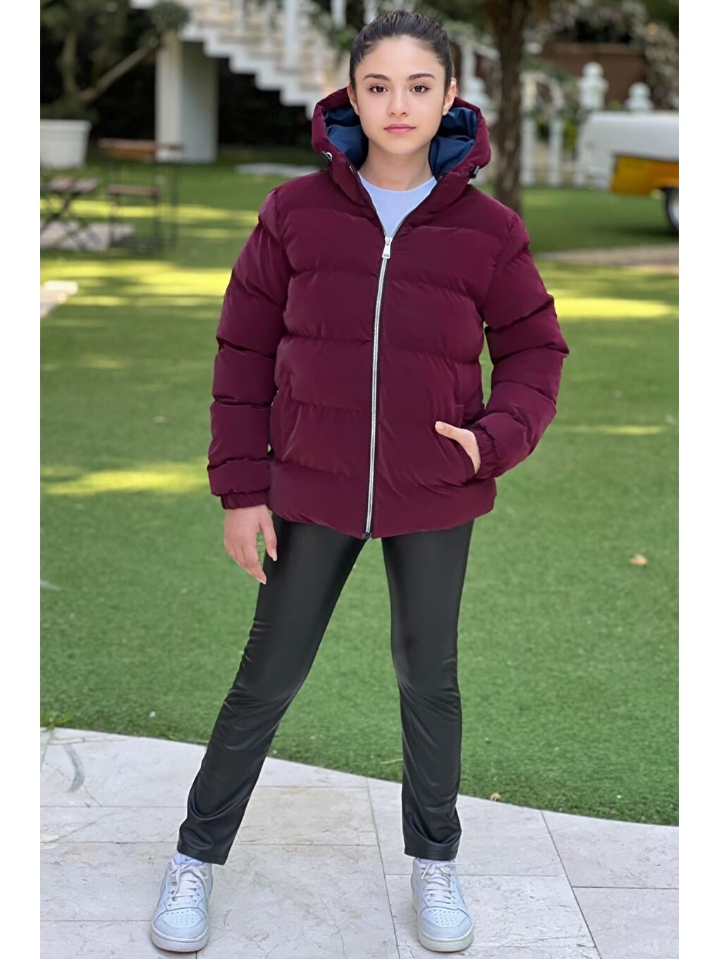 Bordo Kız Çocuk Kapüşonlu Cepli Su Geçirmez Nova Kumaş Kışlık Mont Km4011-6