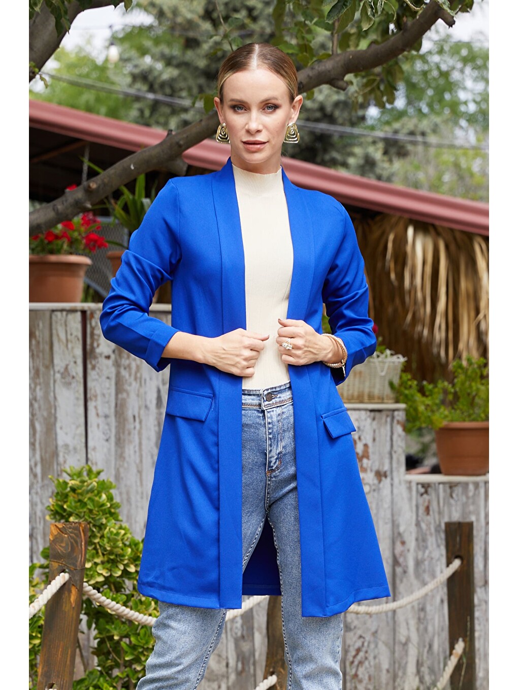 Mavi Kolu Katlı Şal Yaka Blazer Ceket-1