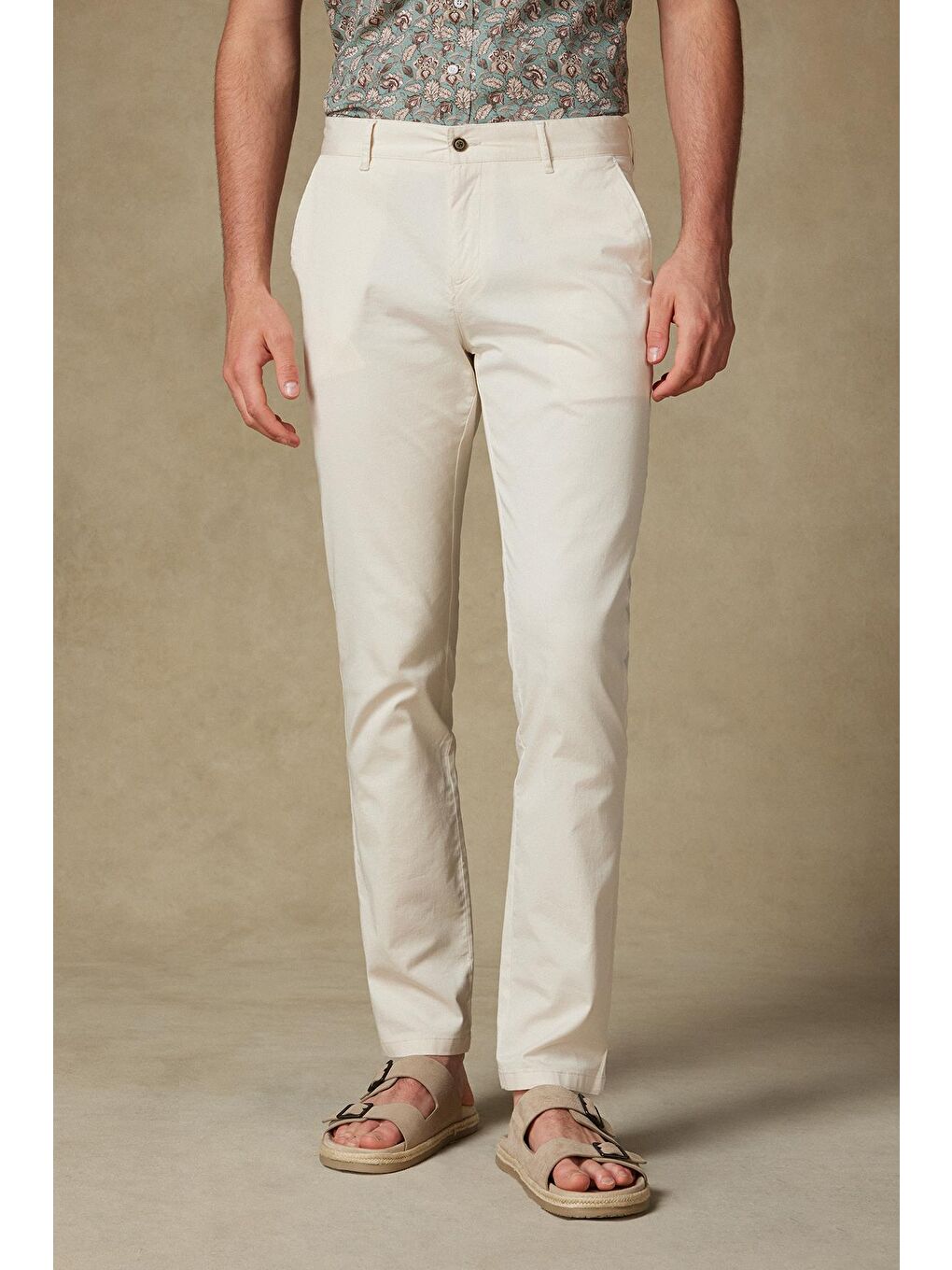 Ekru Chino Twill Pamuk Karışımlı Slim Fit Krem Erkek Düz Pantolon
