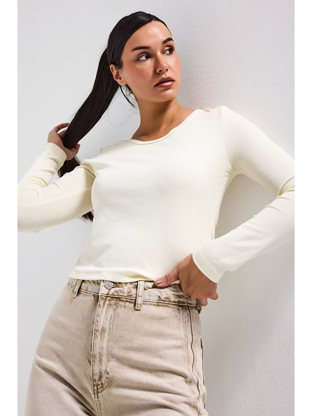 Kadın Ekru w5 %100 Organik Pamuk Esnek Rahat Kesim Bluz-2