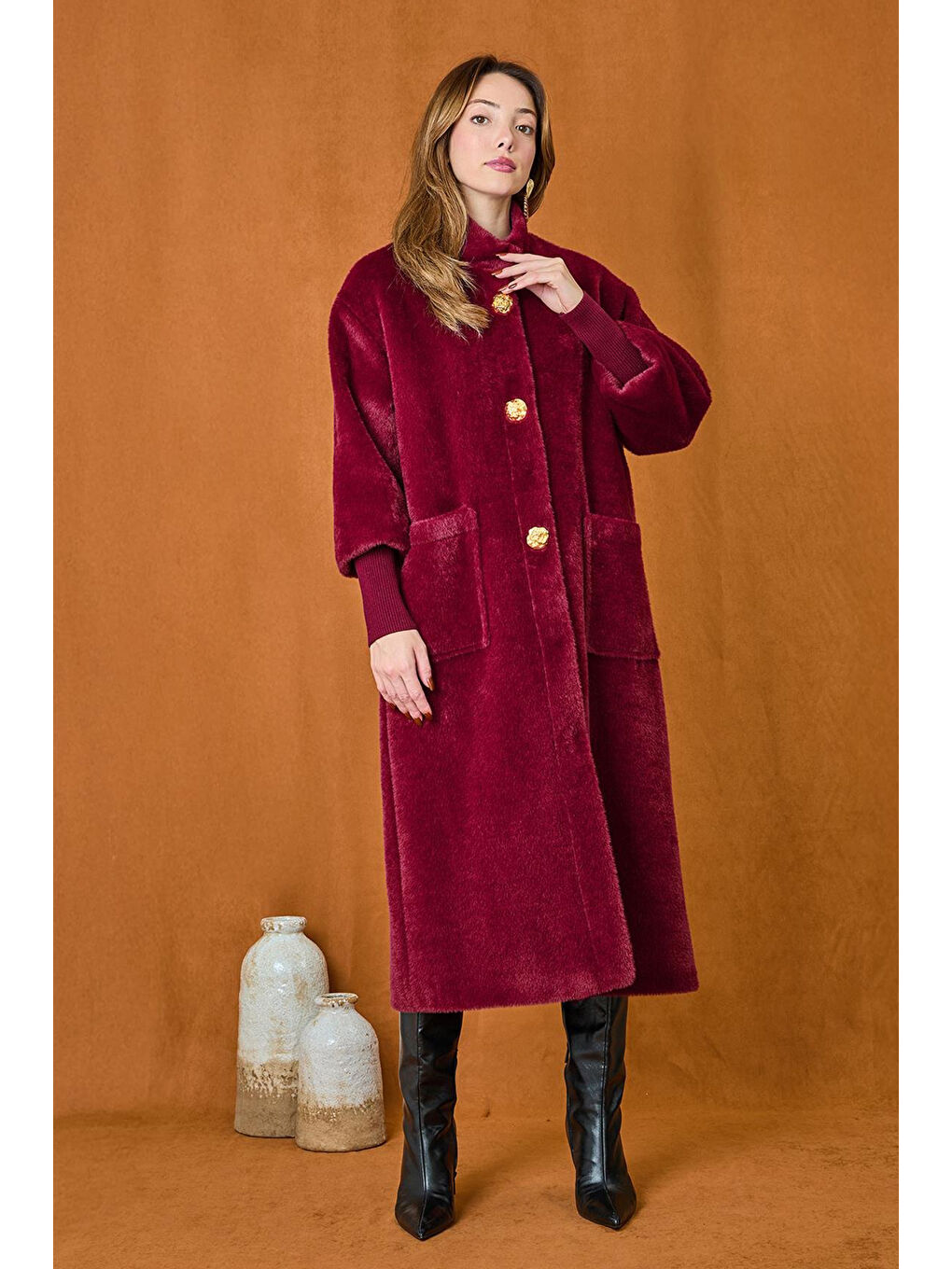 Broş Detaylı Angora Kaban Mont 15231 Bordo