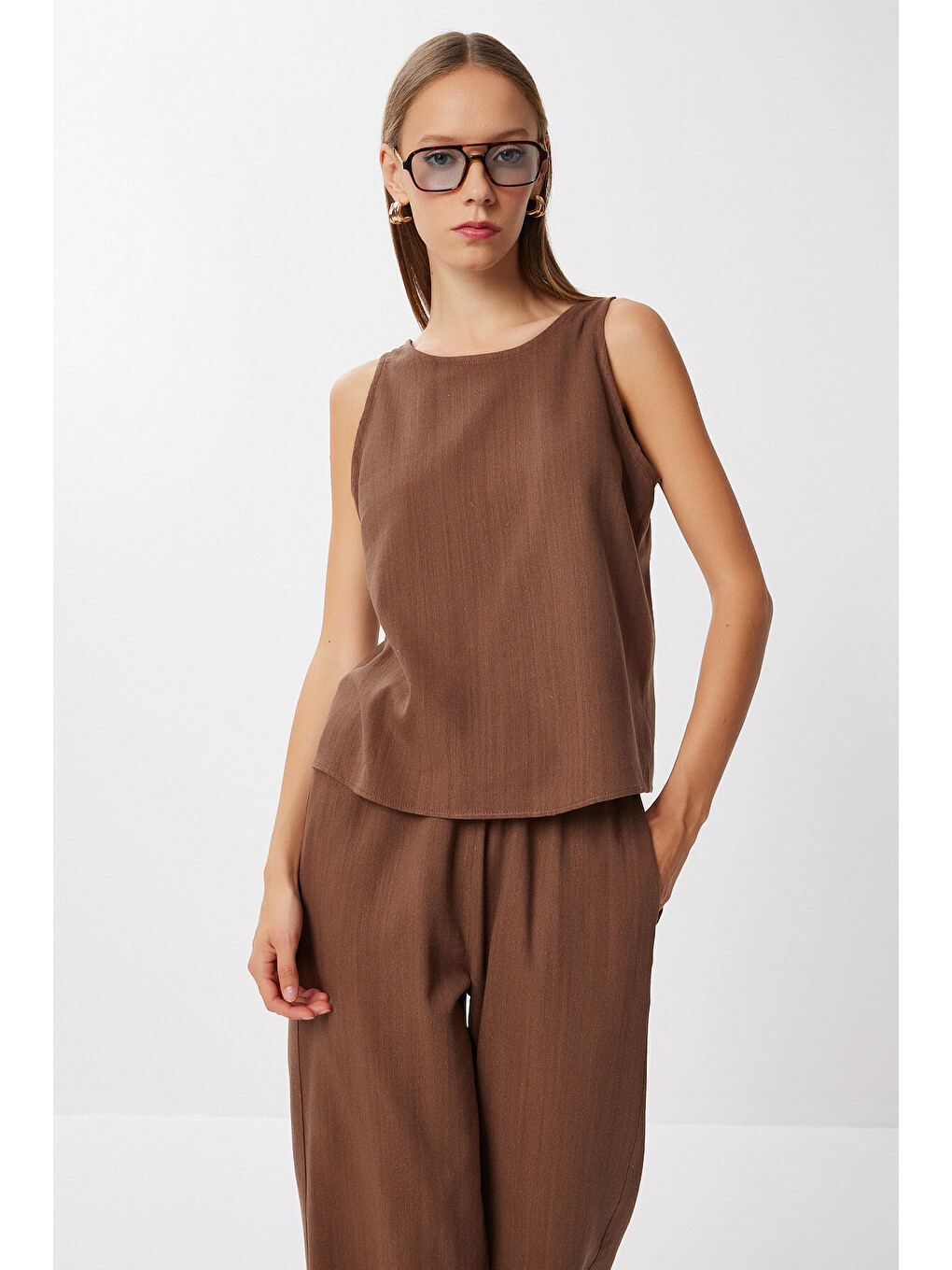 Kahverengi Keten Bluz Pantolon Takım KAKAO LMC0062-3