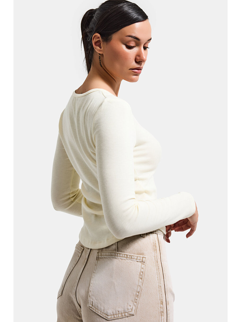 Kadın Ekru w5 %100 Organik Pamuk Esnek Rahat Kesim Bluz-3