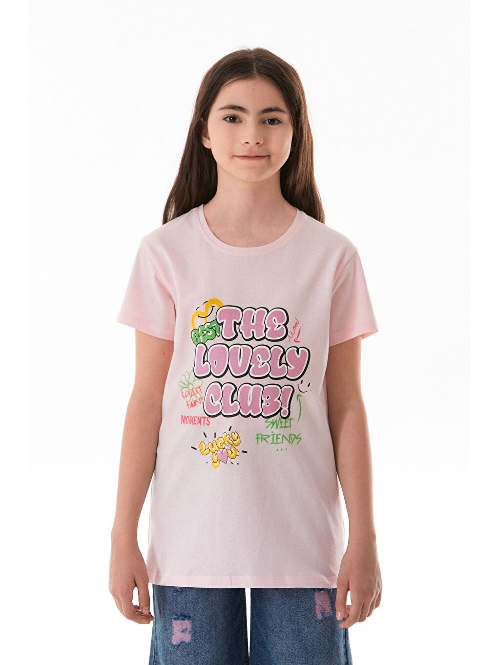 Pembe %100 Pamuk Yazı Baskılı Bisiklet Yaka Kız Çocuk Tişört