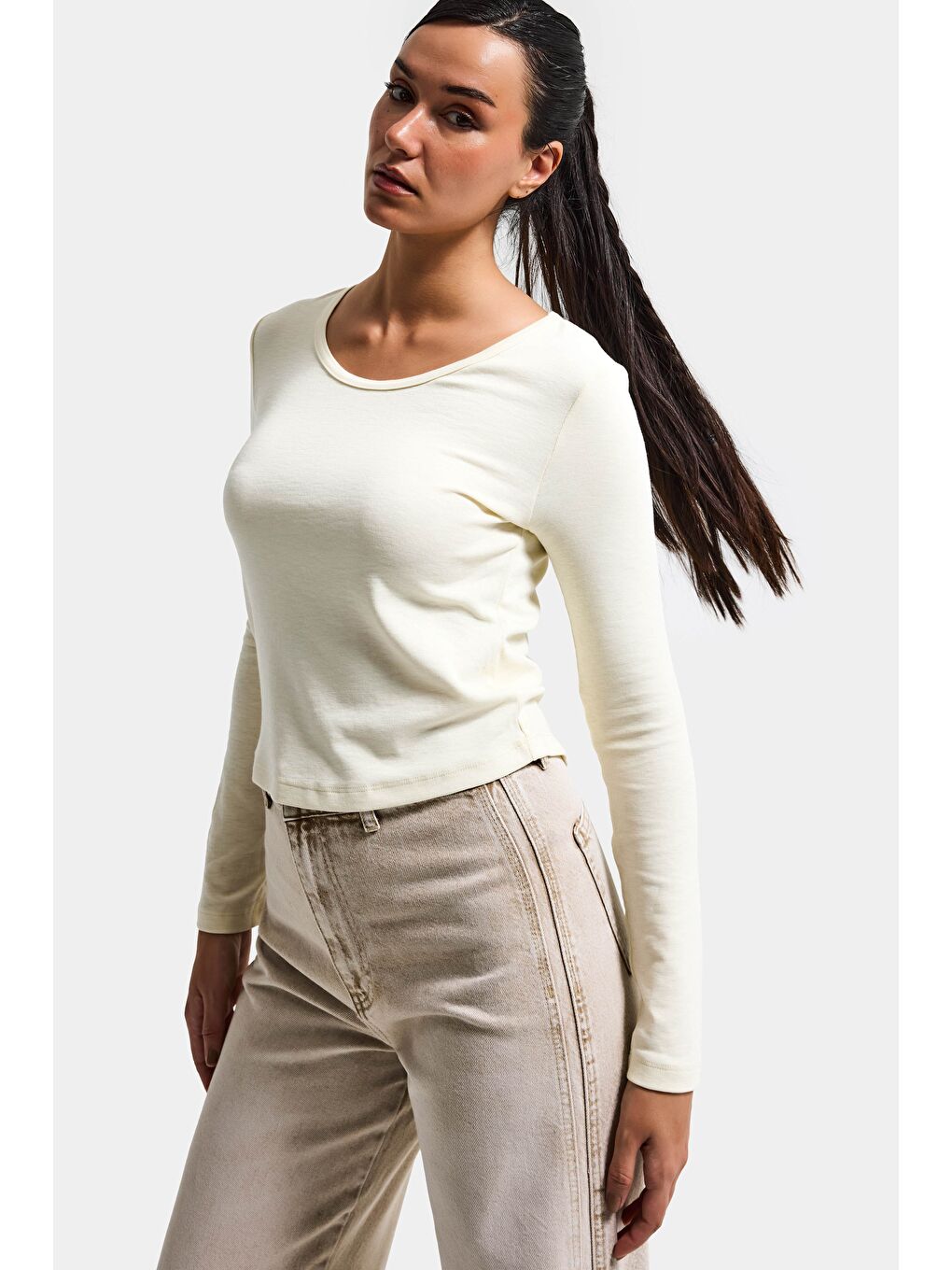 Kadın Ekru w5 %100 Organik Pamuk Esnek Rahat Kesim Bluz-4