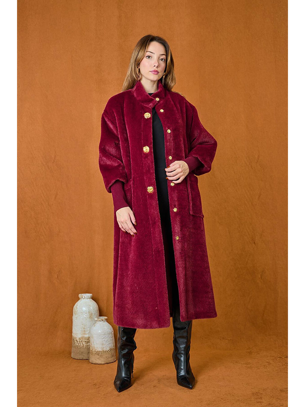 Broş Detaylı Angora Kaban Mont 15231 Bordo-1