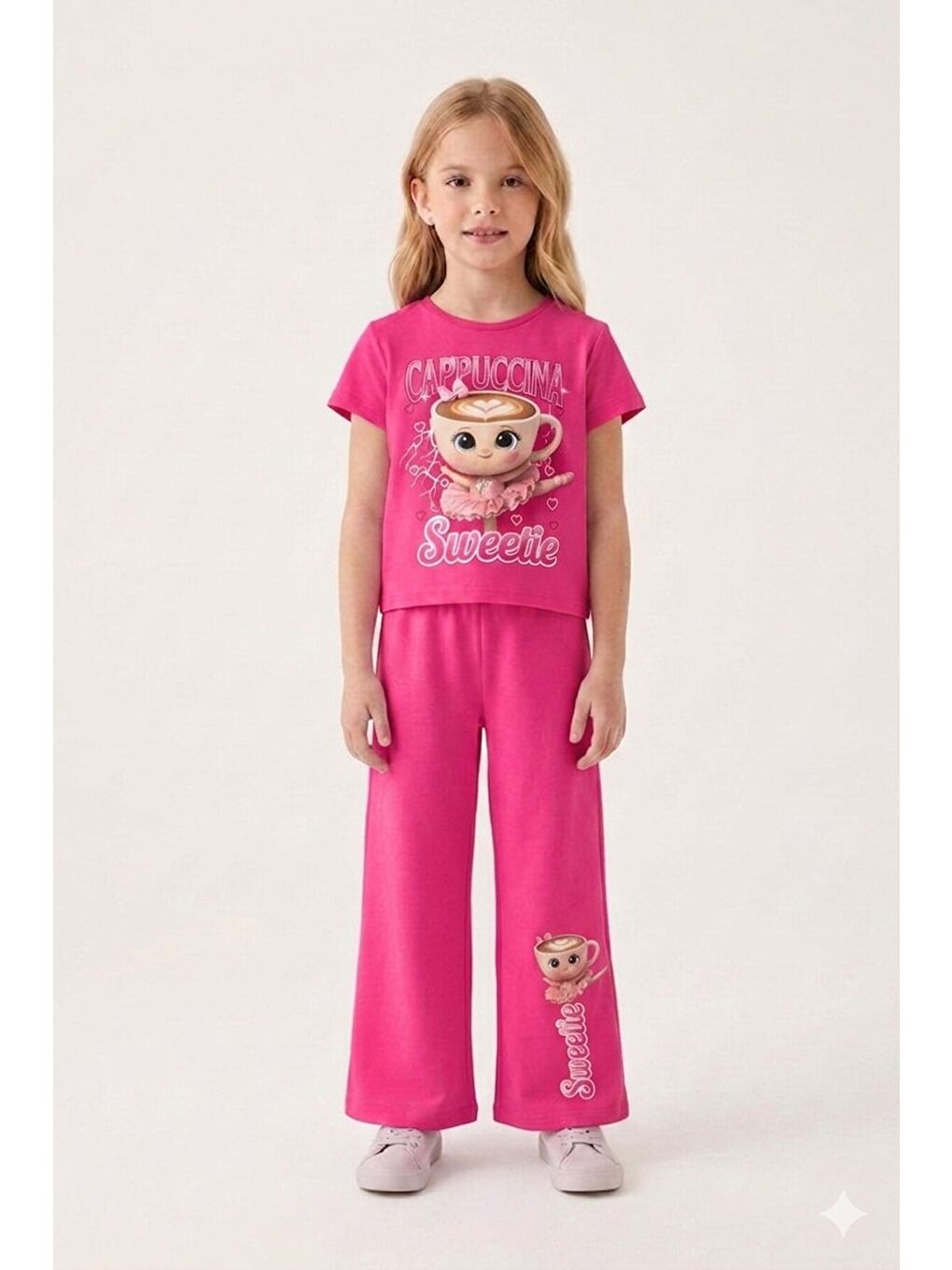 Pembe Ballerin Baskılı Geniş Paça Taytlı Kız Çocuk 2li Takım 23798