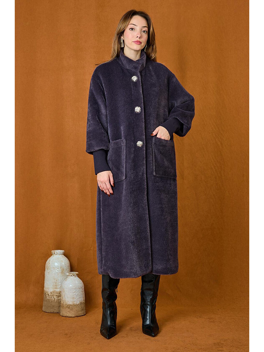 Broş Detaylı Angora Kaban Mont 15231 Antrasit