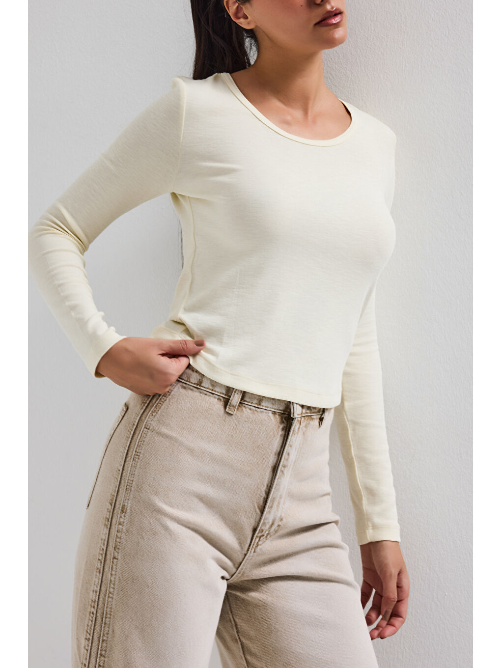 Kadın Ekru w5 %100 Organik Pamuk Esnek Rahat Kesim Bluz-5