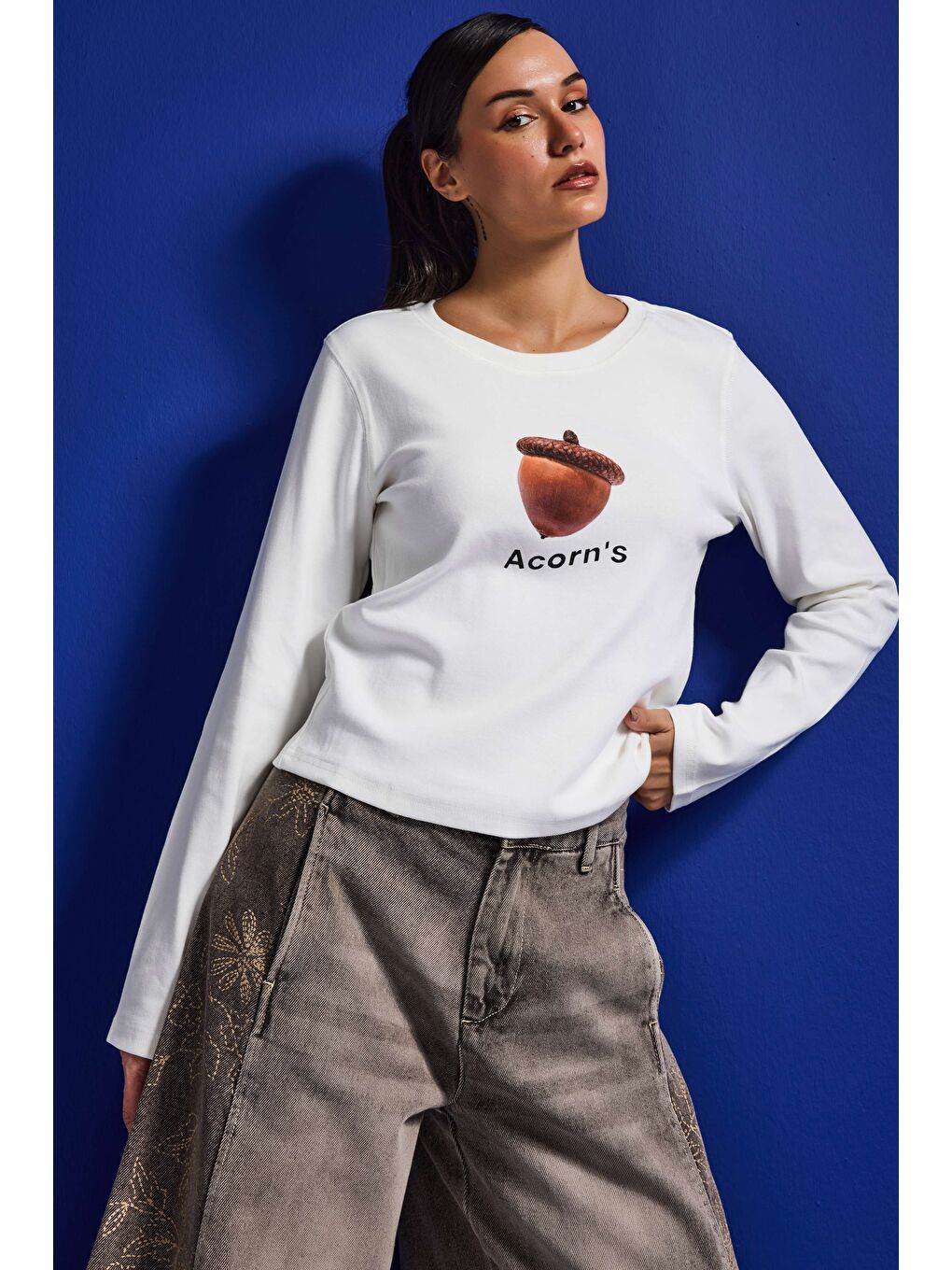 Kadın Beyaz w5 Oversize Baskılı %100 Pamuk Sweatshirt