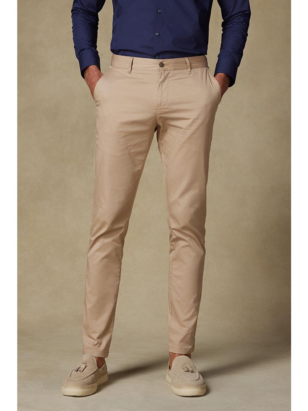 Chino Twill Pamuk Karışımlı Slim Fit Bej Erkek Düz Pantolon