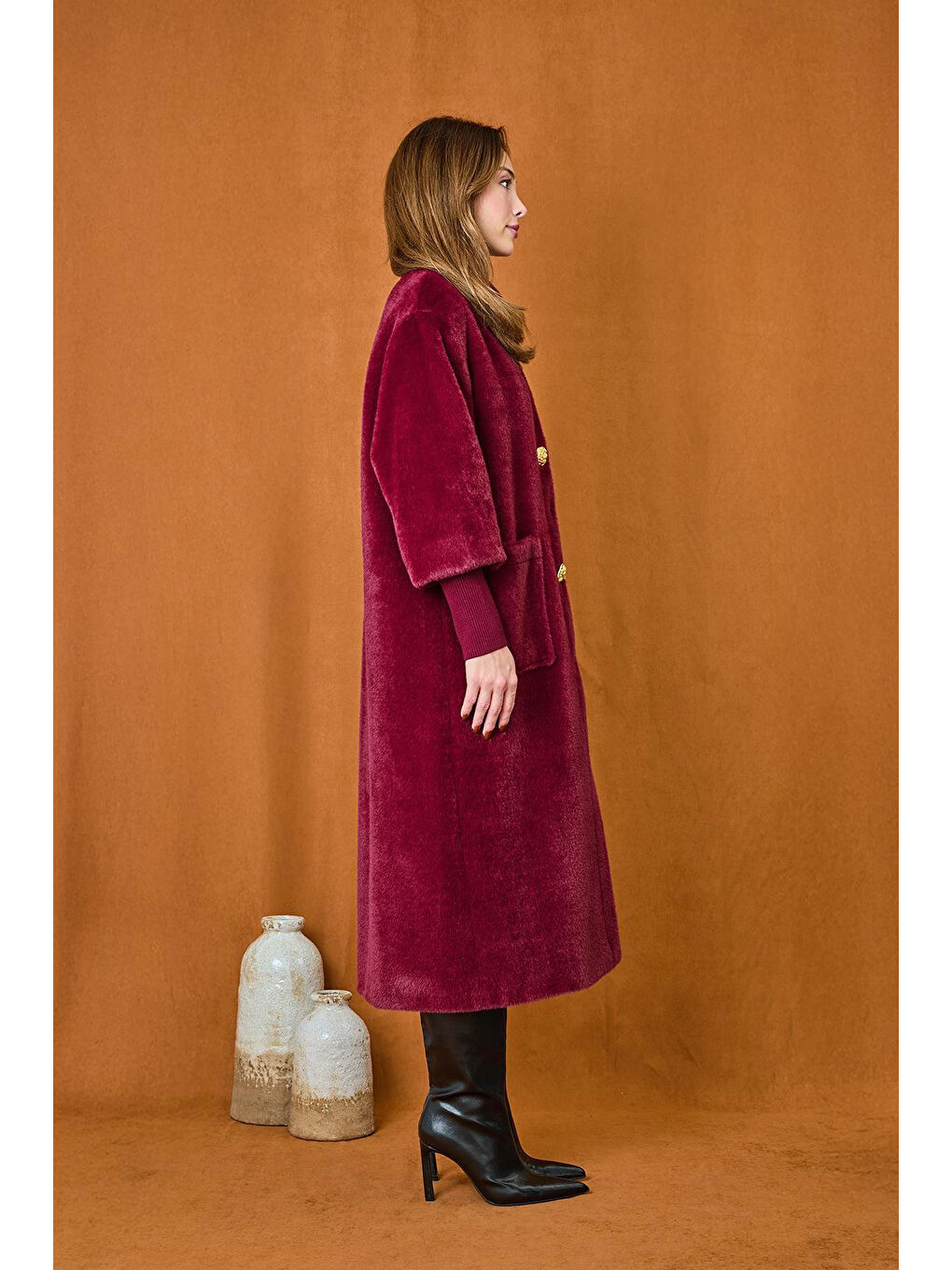 Broş Detaylı Angora Kaban Mont 15231 Bordo-2