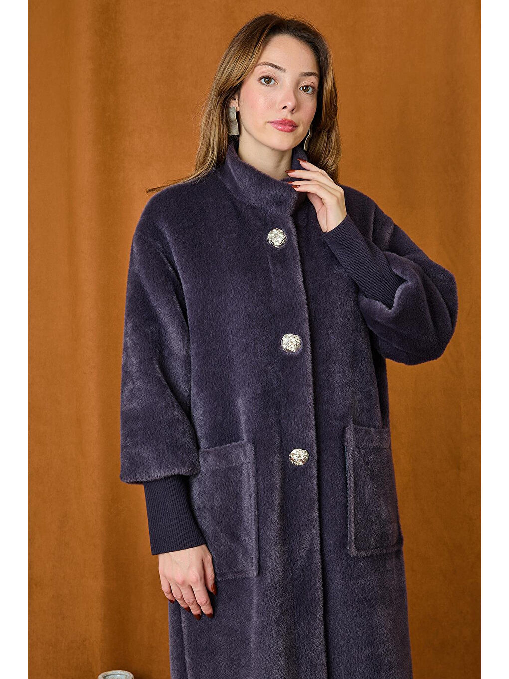 Broş Detaylı Angora Kaban Mont 15231 Antrasit-1