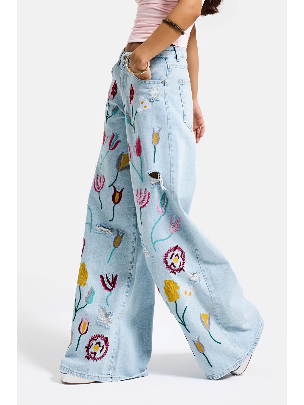 Mavi Kadın Ice 11s6-3 Palazzo Fit Gül Çiçek Nakış Detaylı Özel Tasarım Denim Jean-1