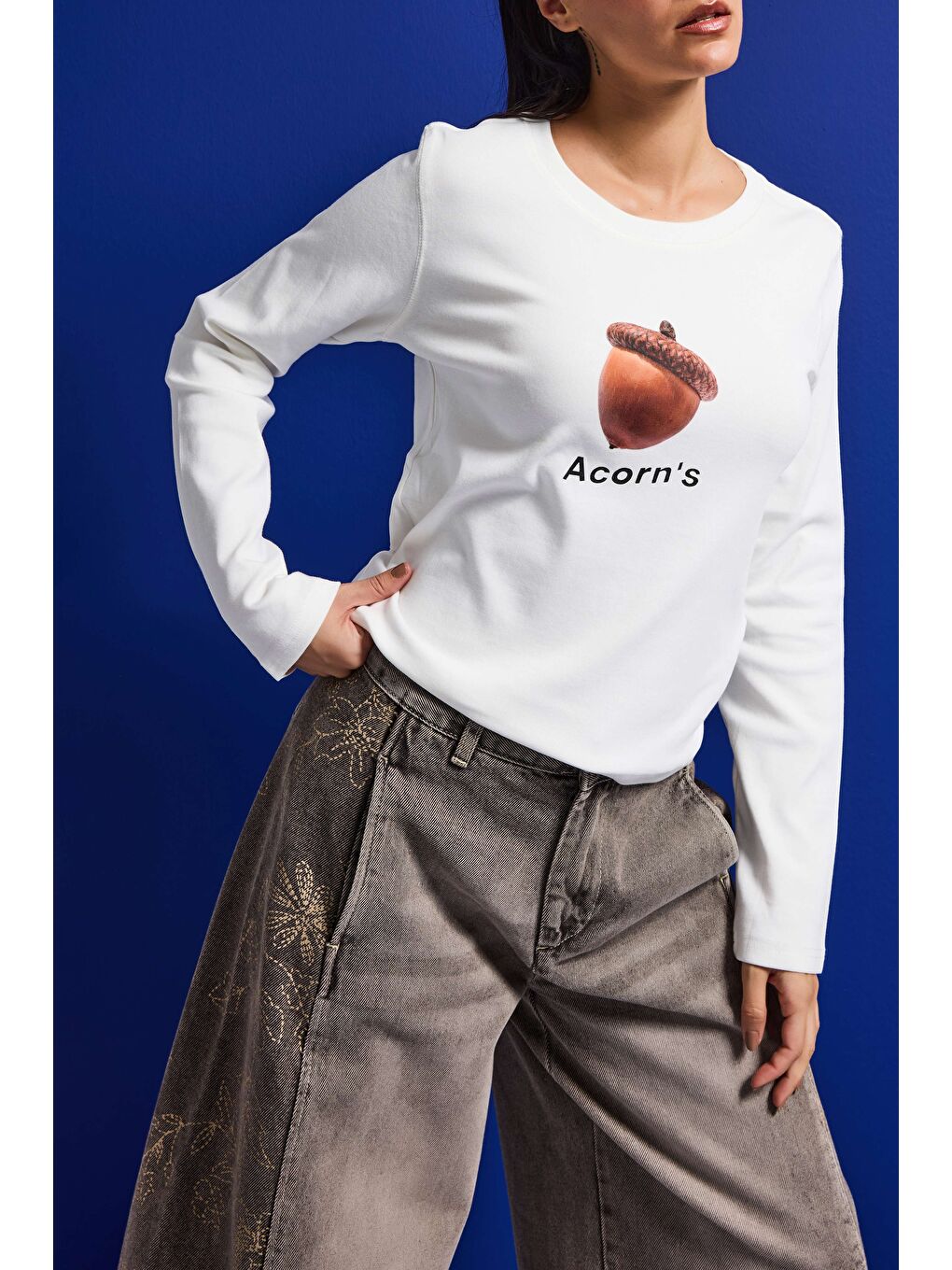 Kadın Beyaz w5 Oversize Baskılı %100 Pamuk Sweatshirt-1