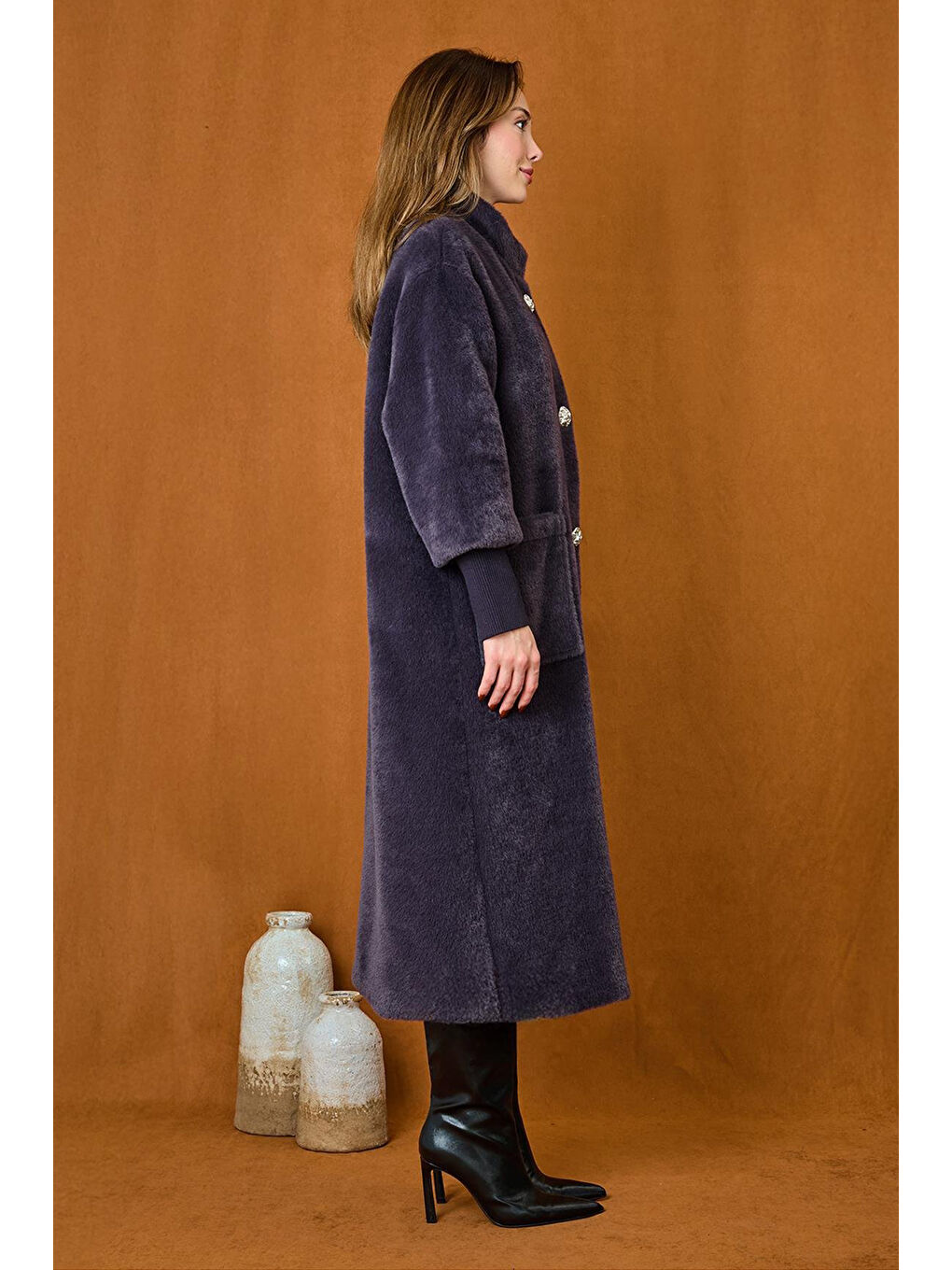 Broş Detaylı Angora Kaban Mont 15231 Antrasit-2