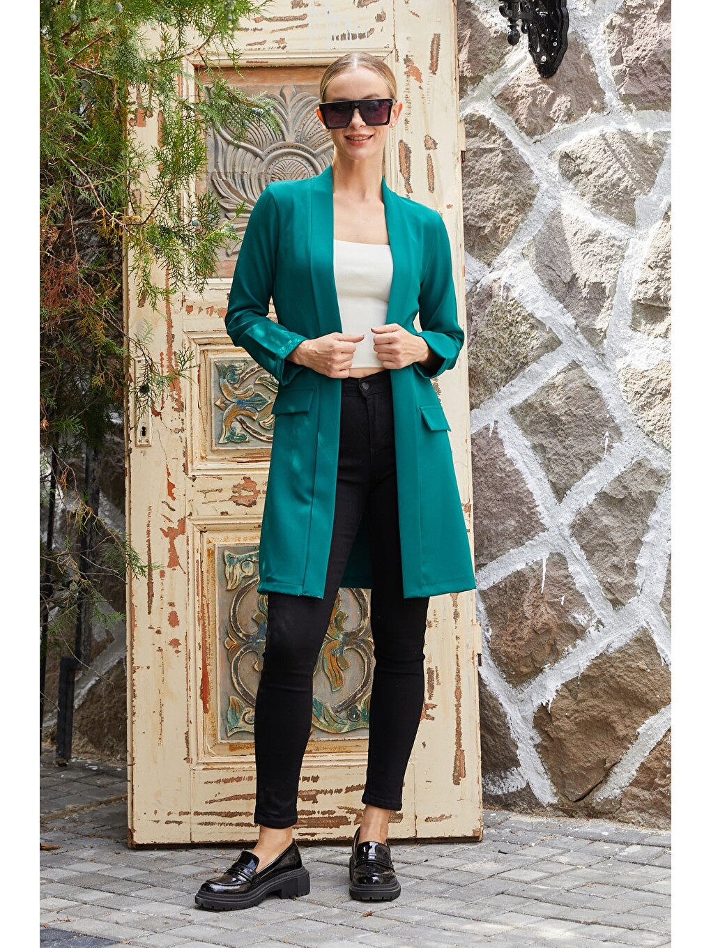 Yeşil Kolu Katlı Şal Yaka Blazer Ceket-1