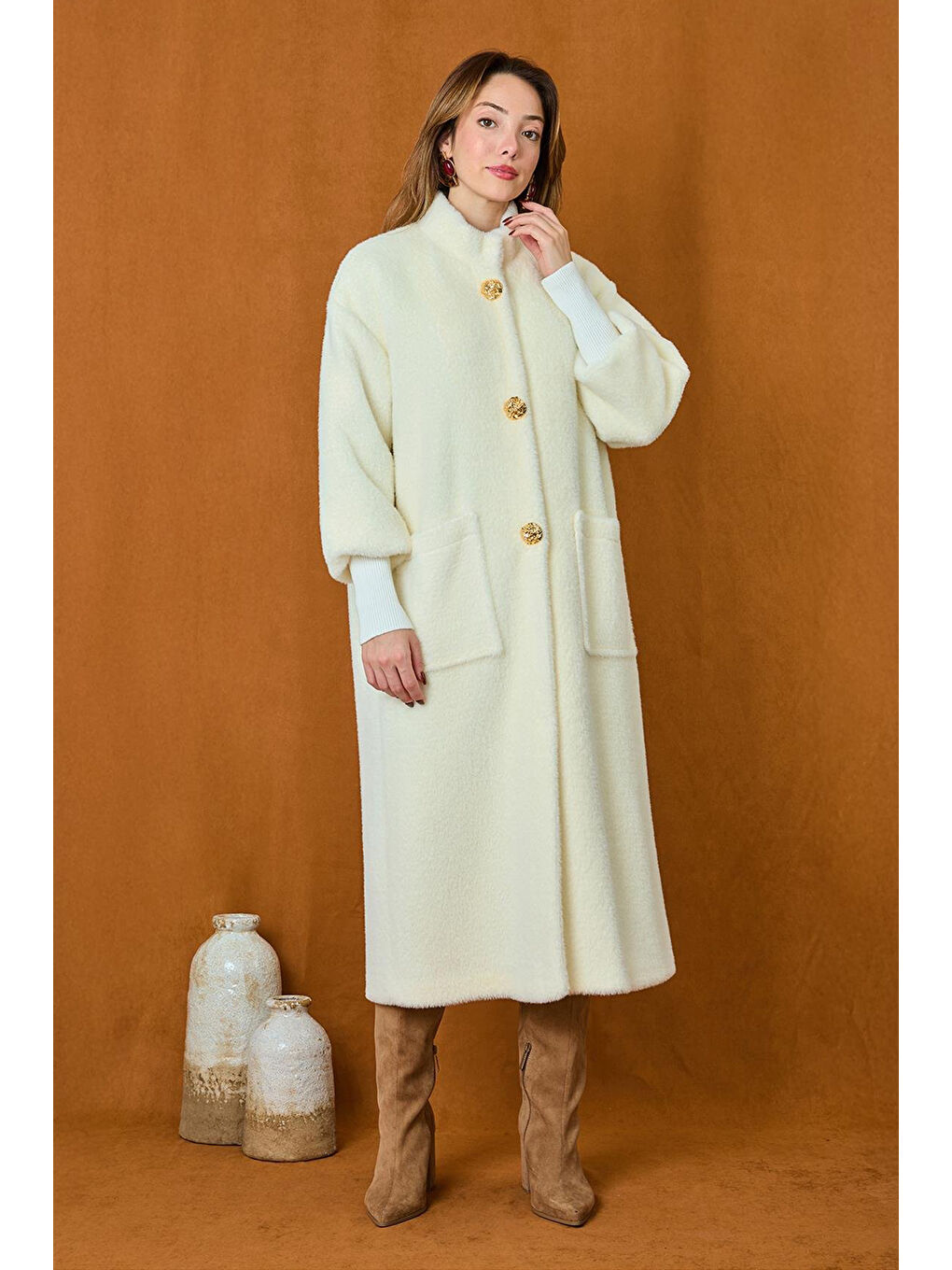 Broş Detaylı Angora Kaban Mont 15231 Ekru