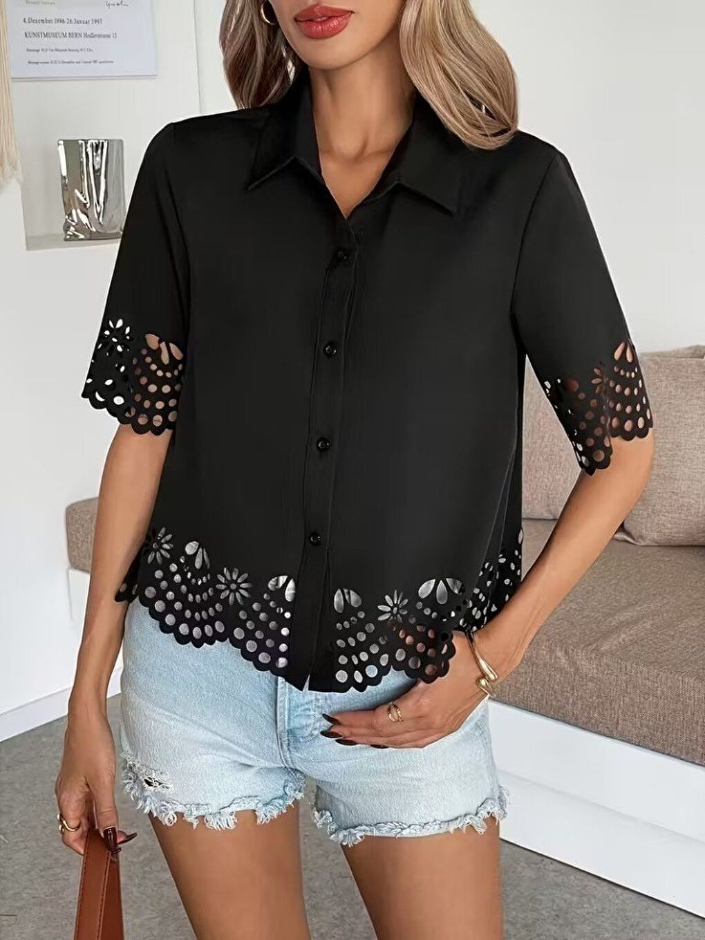 Siyah Kadın Kısa Kollu Yakalı önden Düğmeli Dubai Gömlek Bluz-1