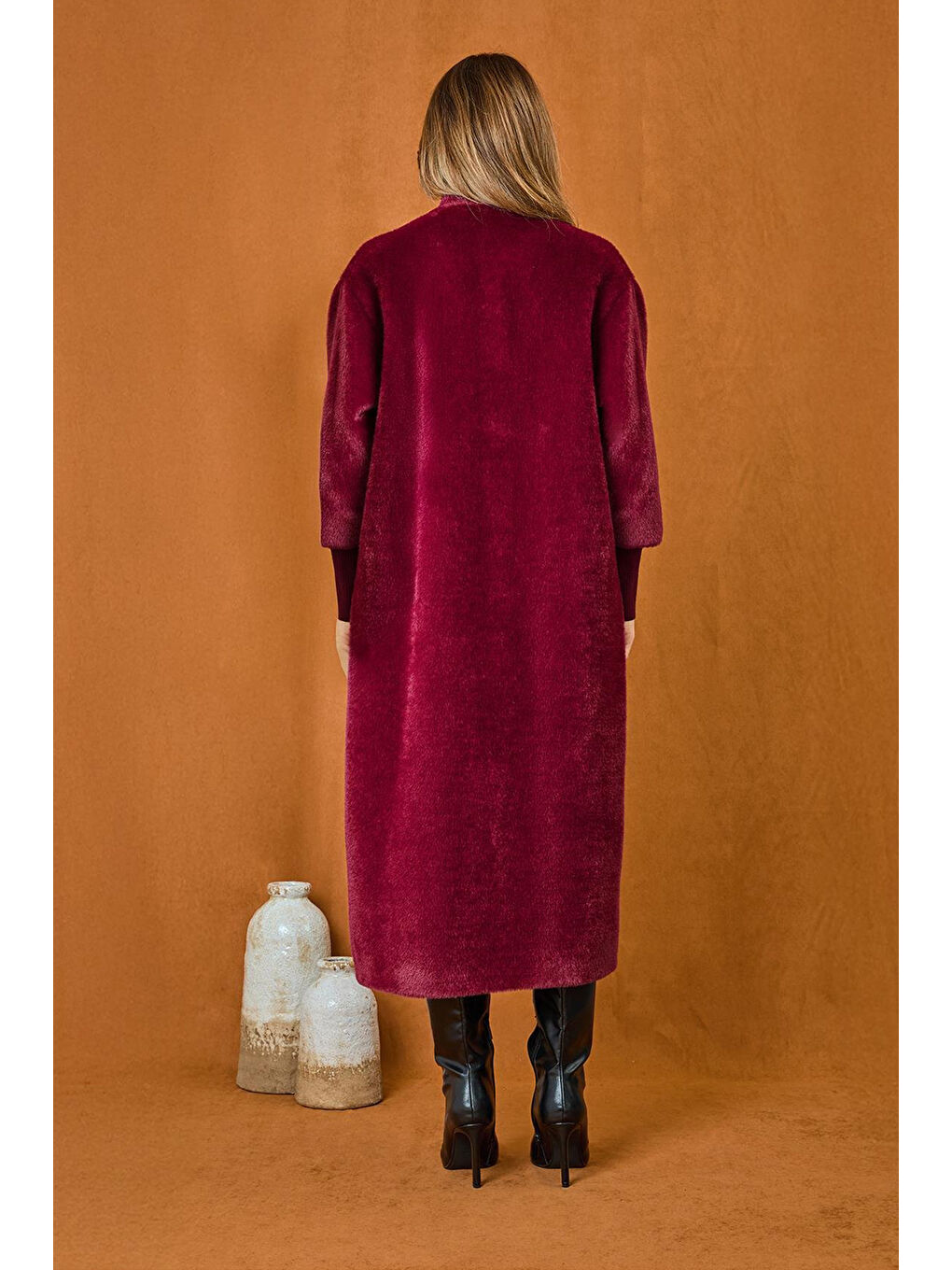 Broş Detaylı Angora Kaban Mont 15231 Bordo-3