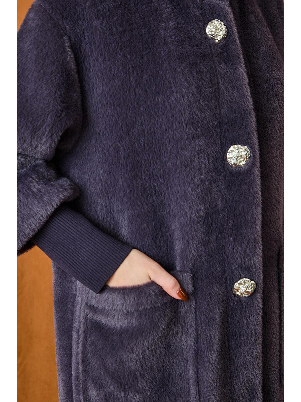 Broş Detaylı Angora Kaban Mont 15231 Antrasit-3