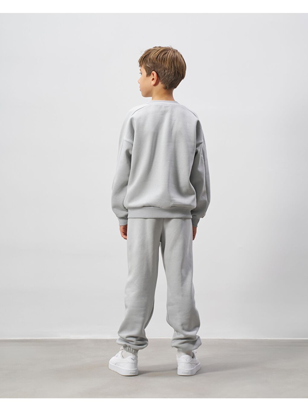 Erkek Çocuk Pamuklu Gri Basic Yazı Baskılı Sweatshirt Eşofman Alt-Üst Takım-1