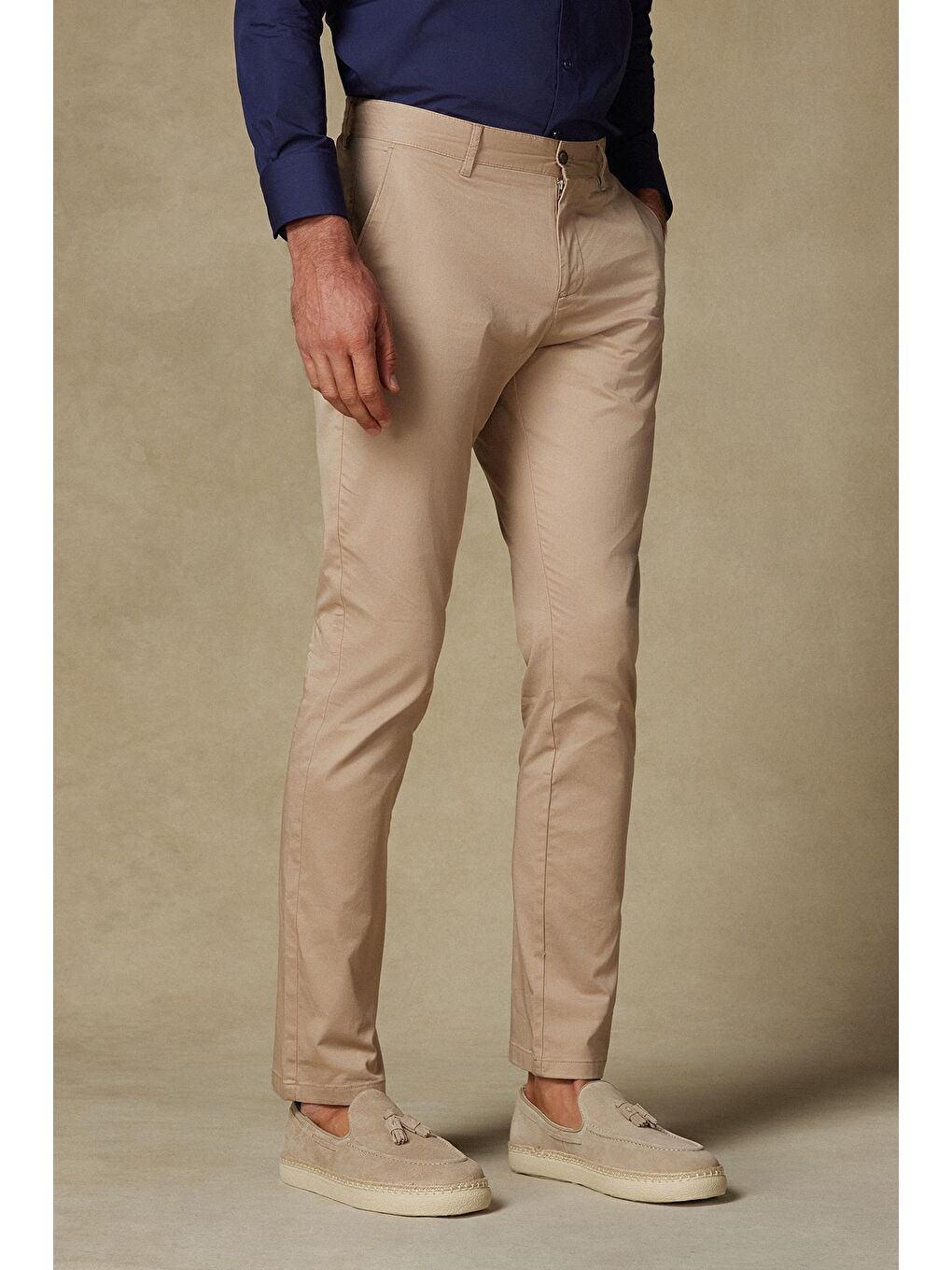 Chino Twill Pamuk Karışımlı Slim Fit Bej Erkek Düz Pantolon-2