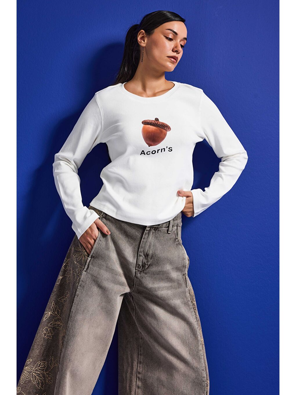 Kadın Beyaz w5 Oversize Baskılı %100 Pamuk Sweatshirt-3