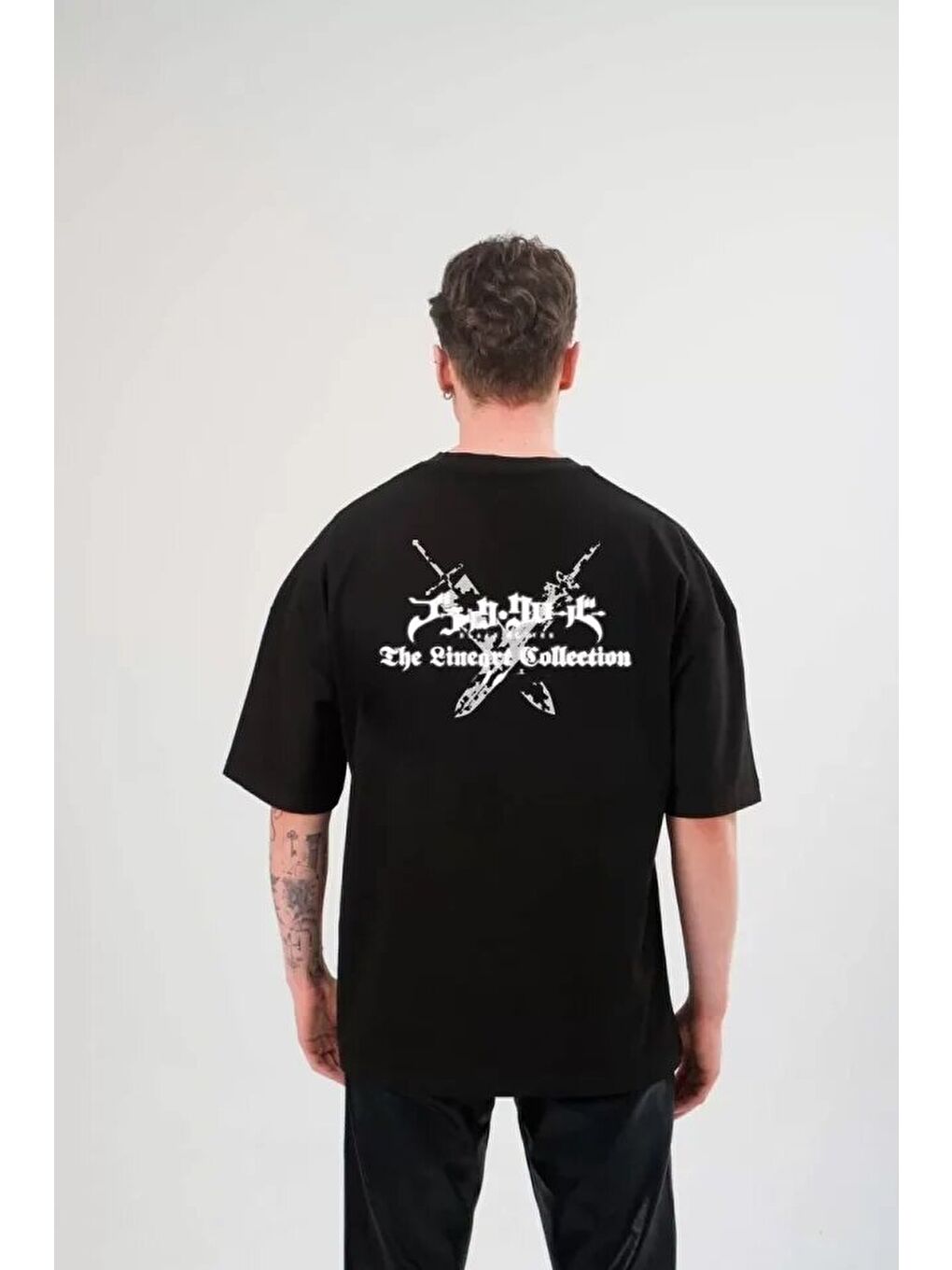 Unisex Bisiklet Yaka Baskılı Oversize T-Shirt - Siyah-1