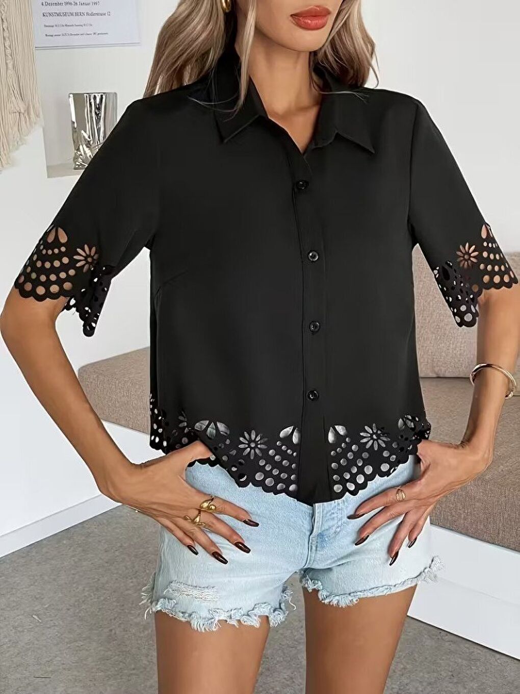 Siyah Kadın Kısa Kollu Yakalı önden Düğmeli Dubai Gömlek Bluz-2
