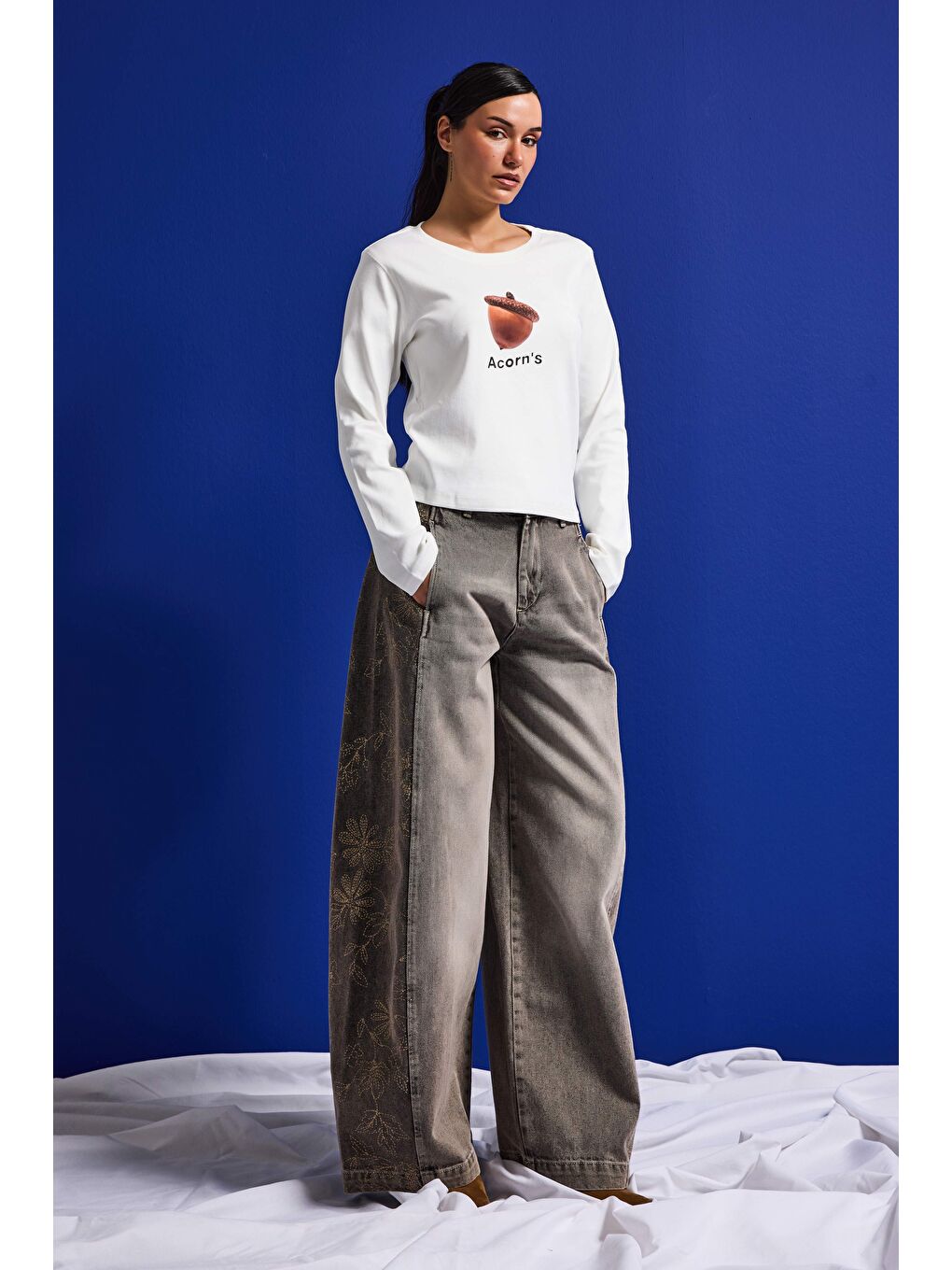 Kadın Beyaz w5 Oversize Baskılı %100 Pamuk Sweatshirt-4