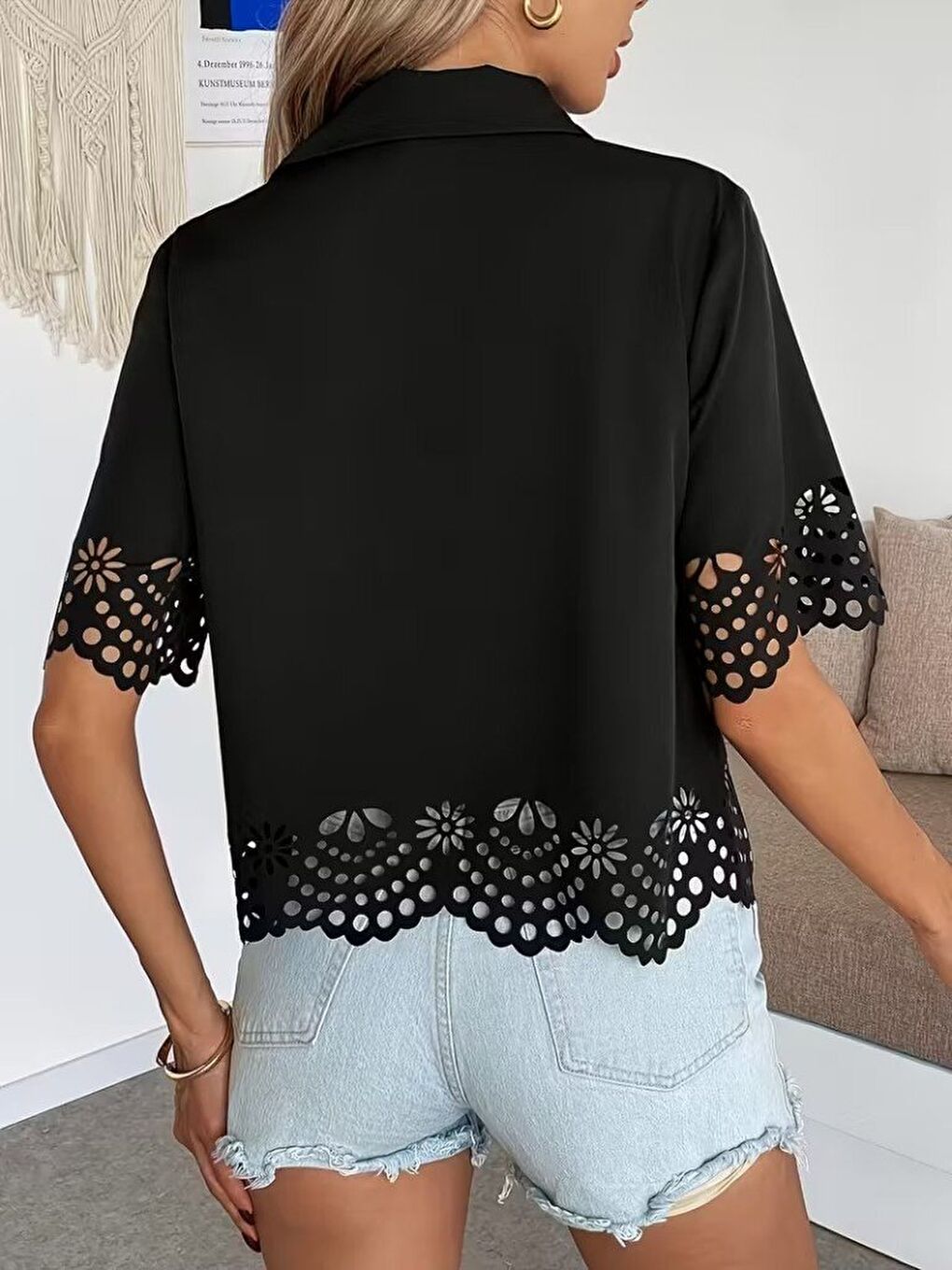 Siyah Kadın Kısa Kollu Yakalı önden Düğmeli Dubai Gömlek Bluz-3