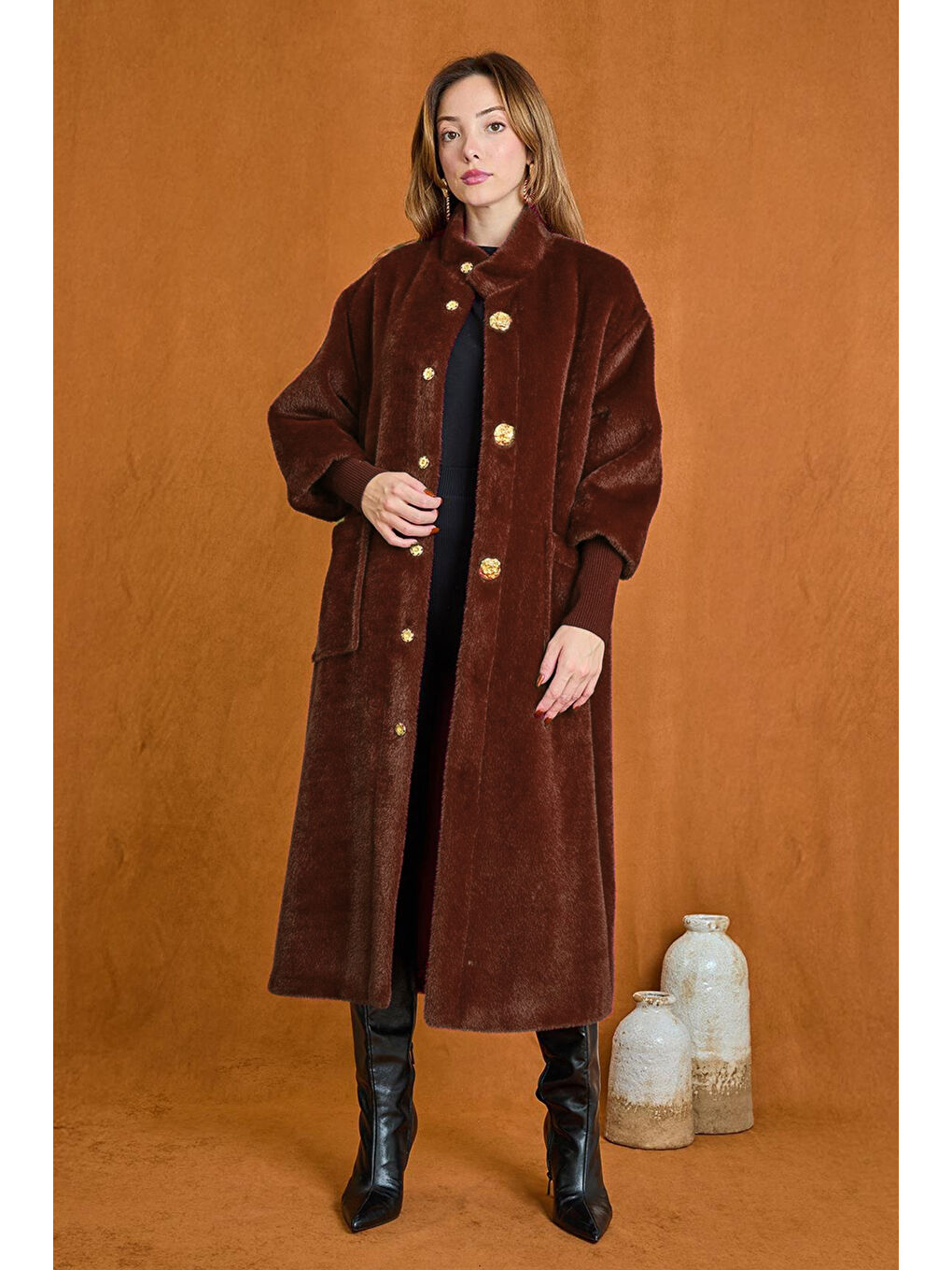 Broş Detaylı Angora Kaban Mont 15231 Kahverengi
