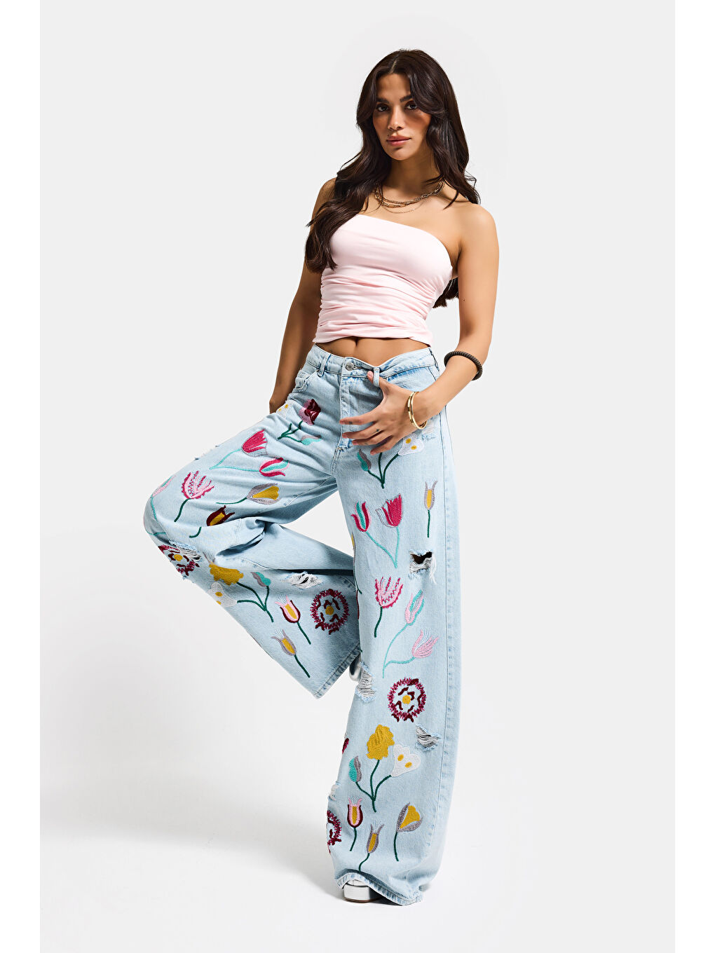 Mavi Kadın Ice 11s6-3 Palazzo Fit Gül Çiçek Nakış Detaylı Özel Tasarım Denim Jean-4
