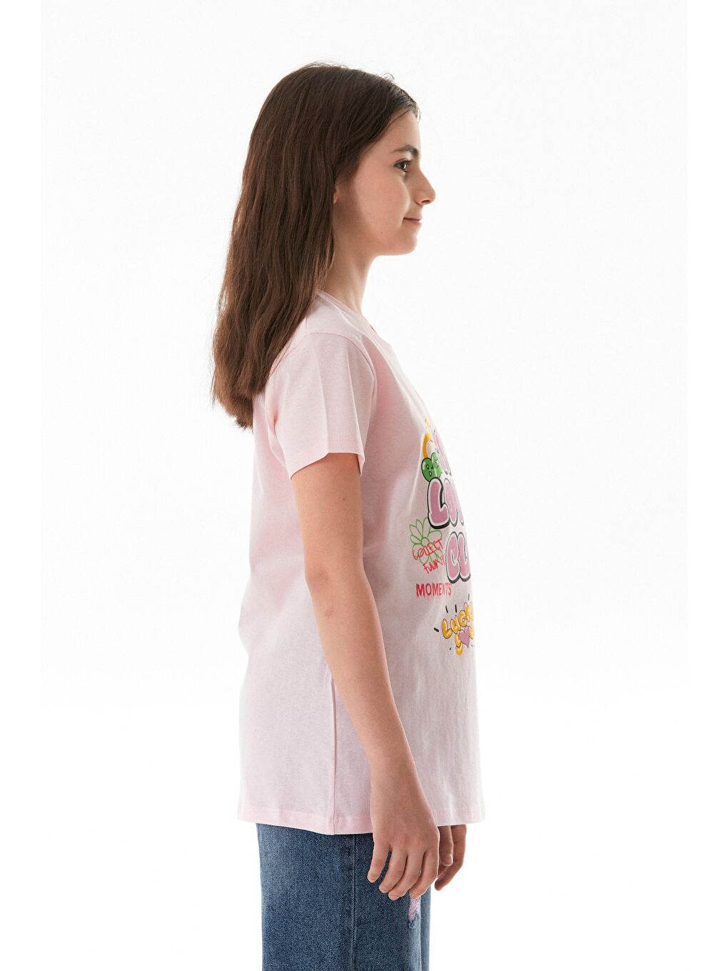 Pembe %100 Pamuk Yazı Baskılı Bisiklet Yaka Kız Çocuk Tişört-3