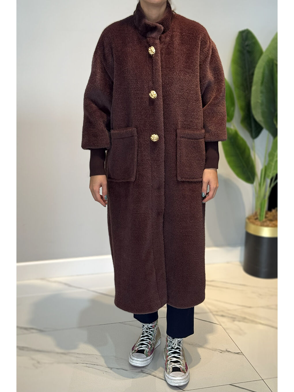 Broş Detaylı Angora Kaban Mont 15231 Kahverengi-1