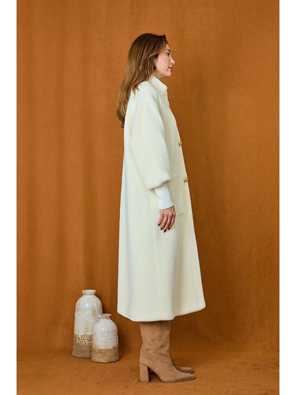 Broş Detaylı Angora Kaban Mont 15231 Ekru-2