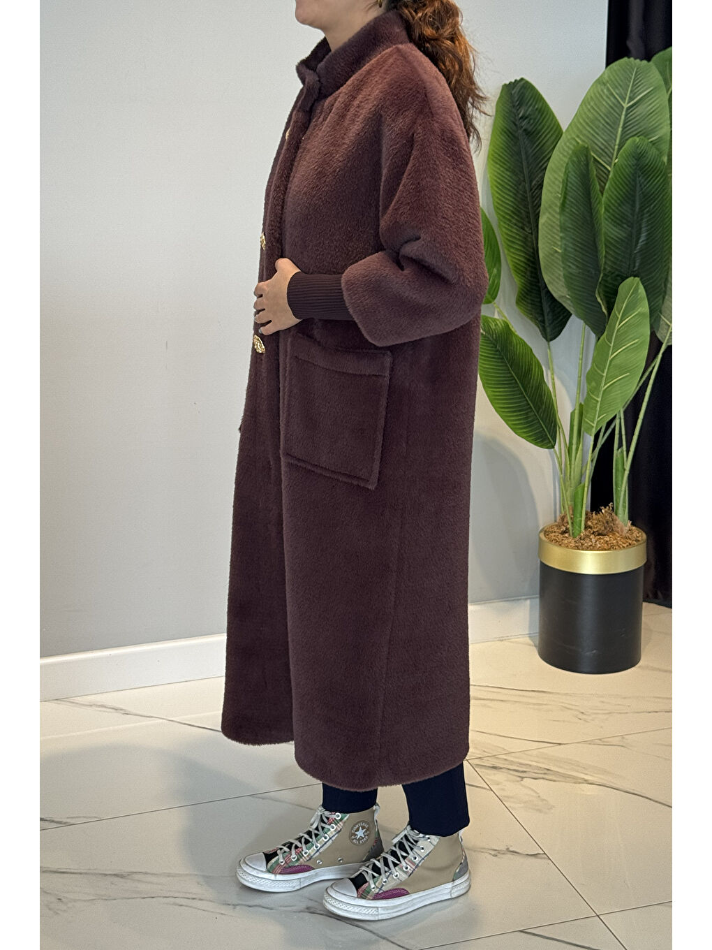 Broş Detaylı Angora Kaban Mont 15231 Kahverengi-2