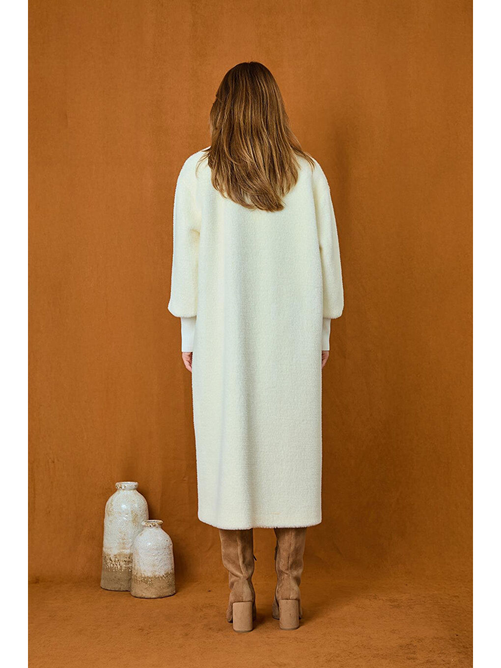 Broş Detaylı Angora Kaban Mont 15231 Ekru-3