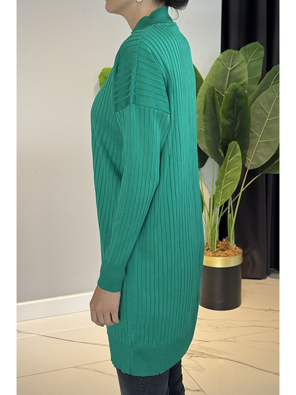 Düğme Detaylı Fitilli Triko Tunik 35044 Yeşil-1