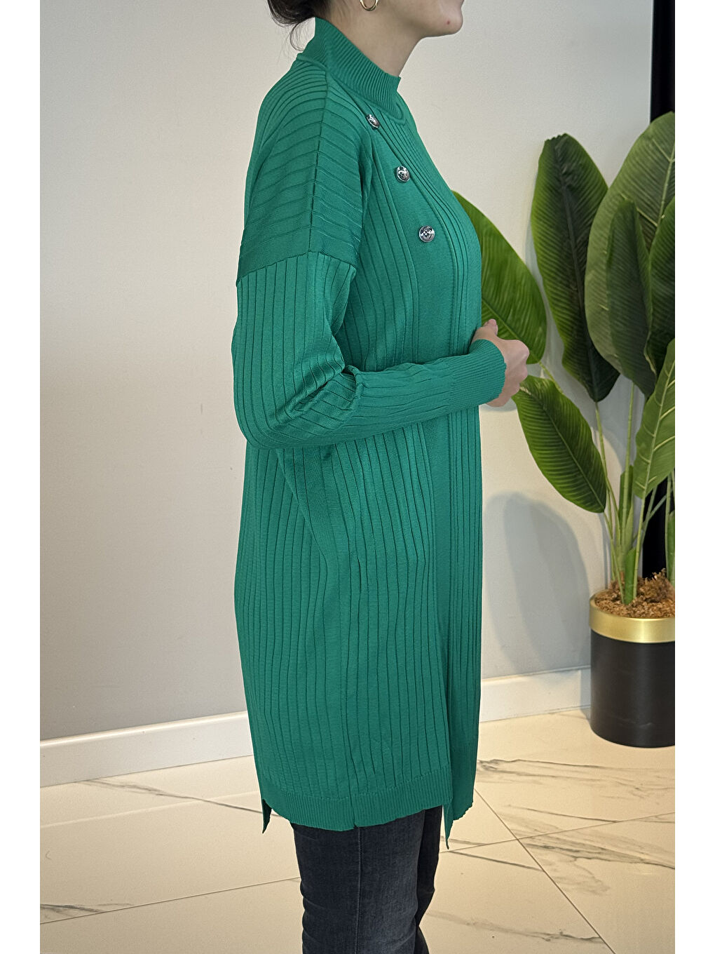 Düğme Detaylı Fitilli Triko Tunik 35044 Yeşil-3