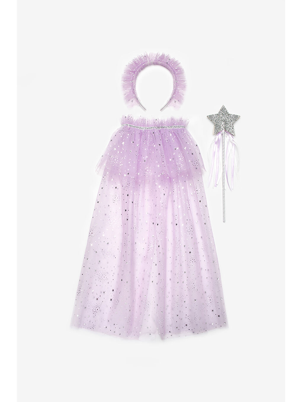 Lila  Gümüş Yıldız Desenli Kız Çocuk Pelerin Asa ve Taç Set-1