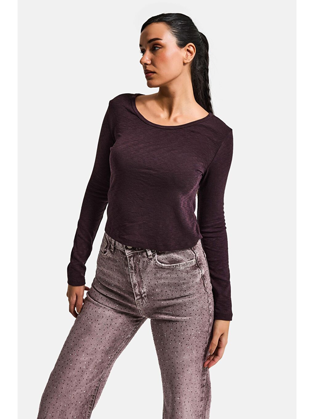 Kahverengi Kadın Kahve w5 %100 Organik Pamuk Esnek Rahat Kesim Bluz-2