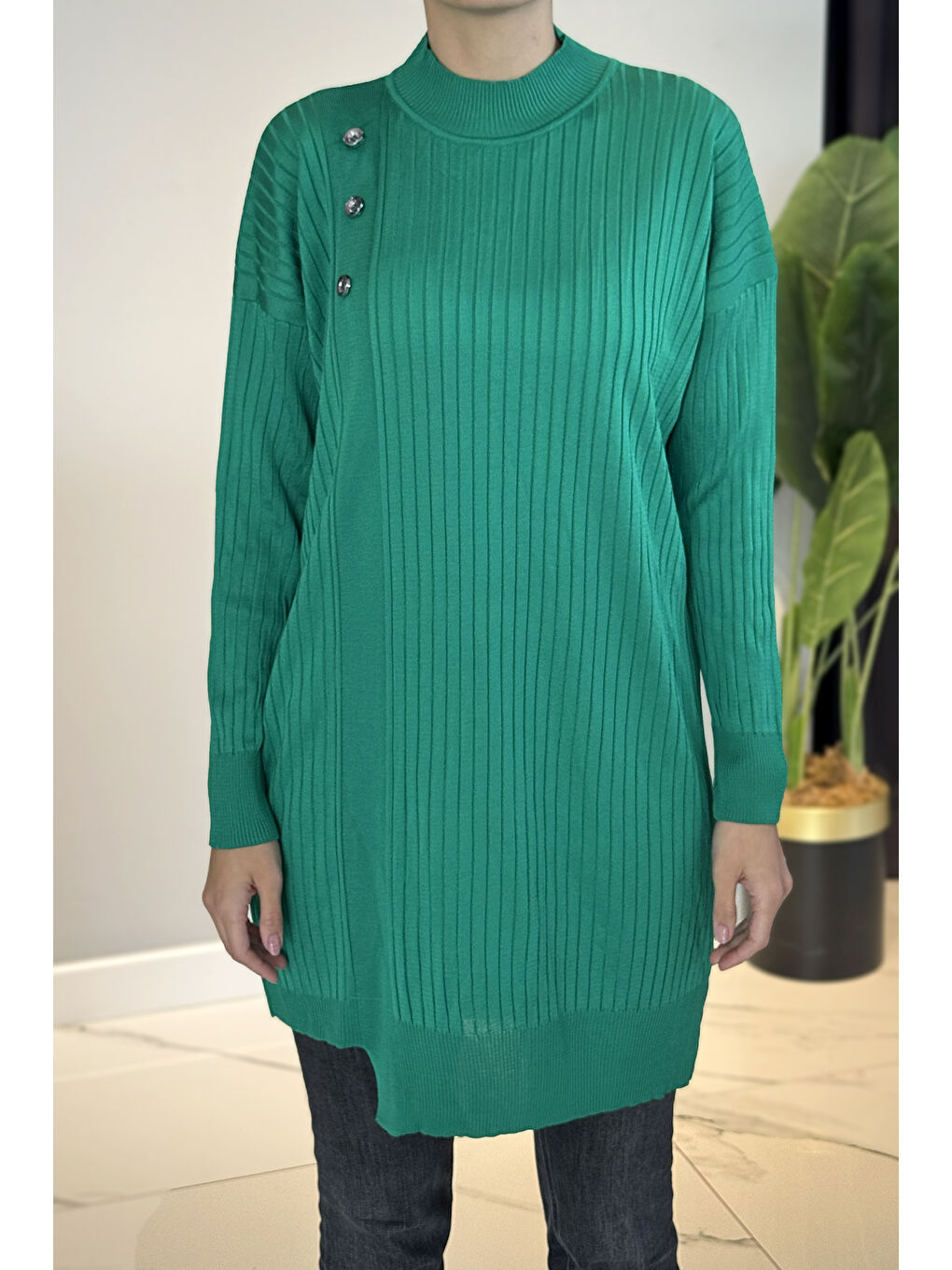 Düğme Detaylı Fitilli Triko Tunik 35044 Yeşil-4