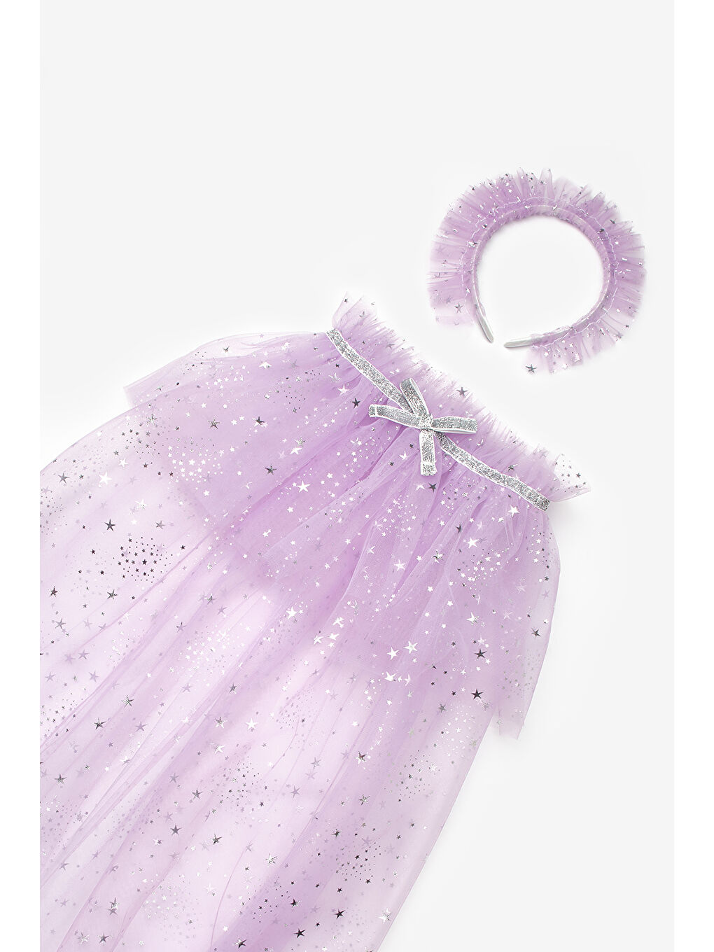 Lila  Gümüş Yıldız Desenli Kız Çocuk Pelerin Asa ve Taç Set-2