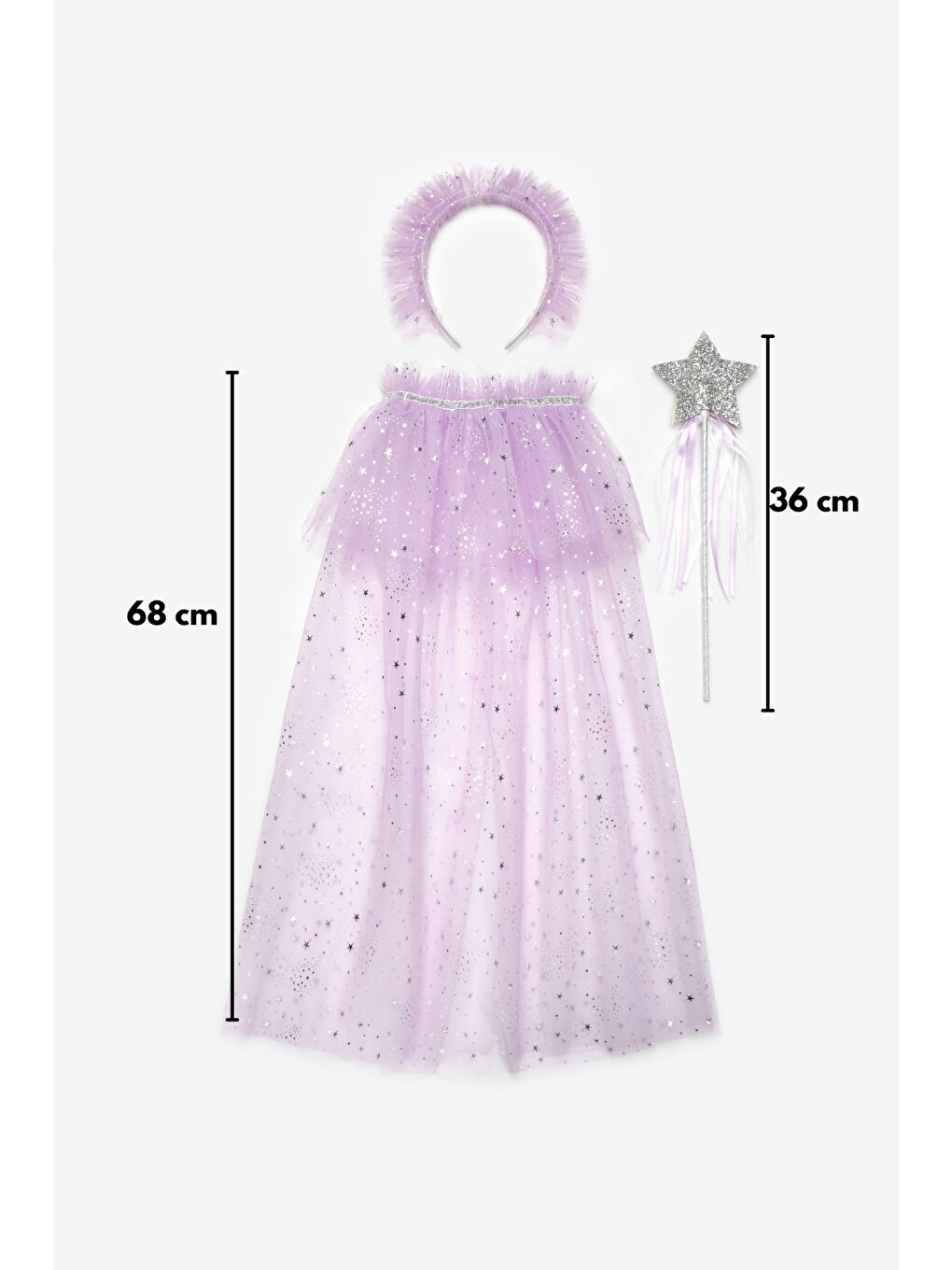 Lila  Gümüş Yıldız Desenli Kız Çocuk Pelerin Asa ve Taç Set-3