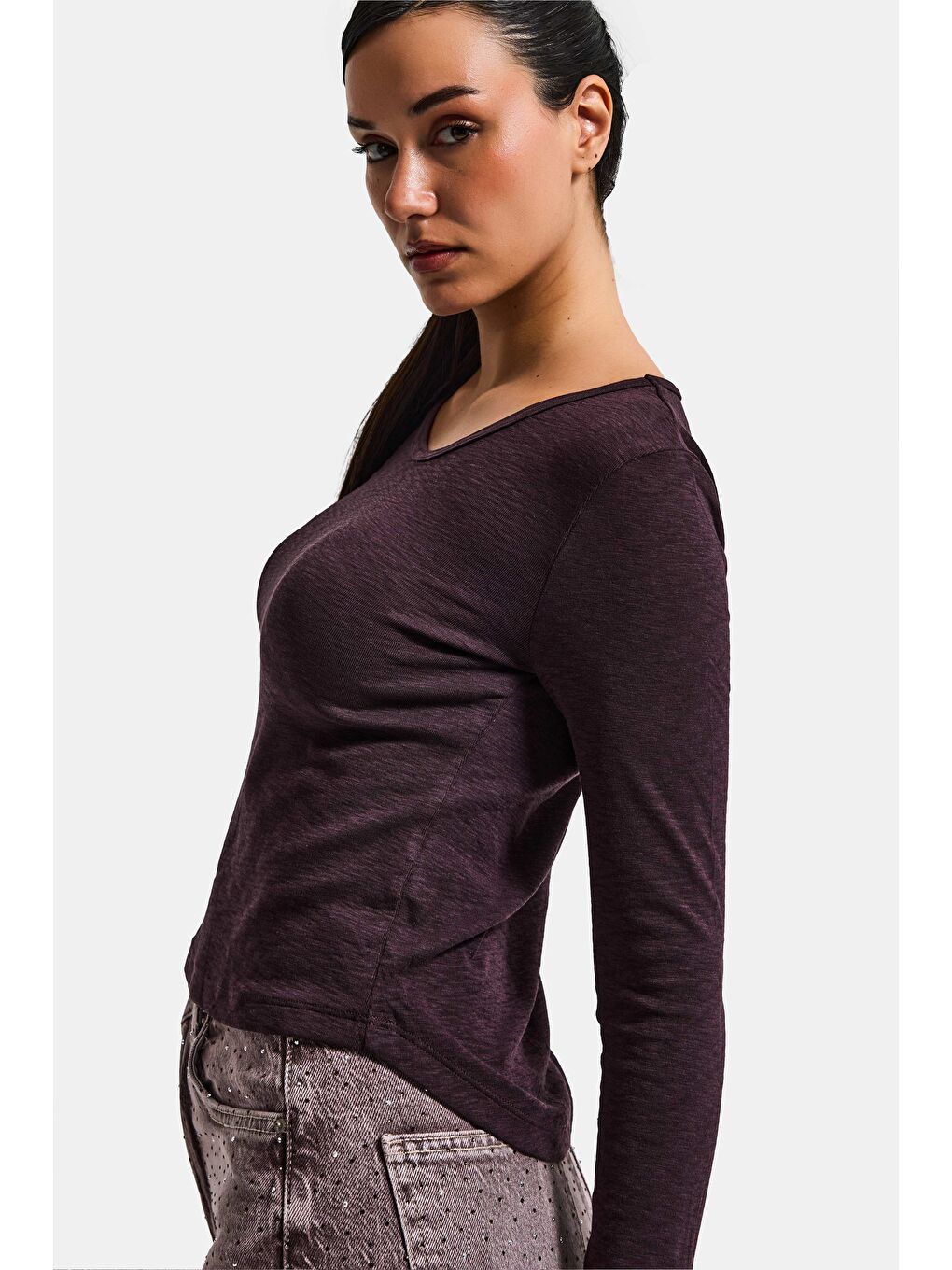 Kahverengi Kadın Kahve w5 %100 Organik Pamuk Esnek Rahat Kesim Bluz-3